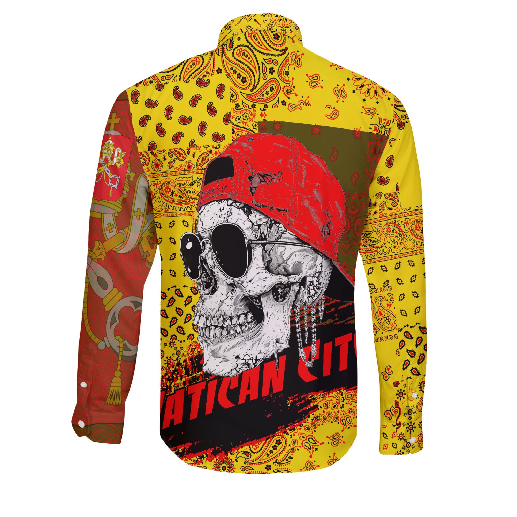 Vatican City Long Sleeve Button Shirt Paisley Flag And Skull Style 2