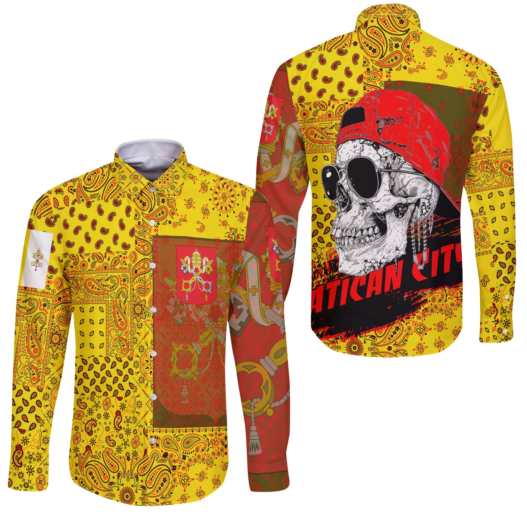 Vatican City Long Sleeve Button Shirt Paisley Flag And Skull Style 3