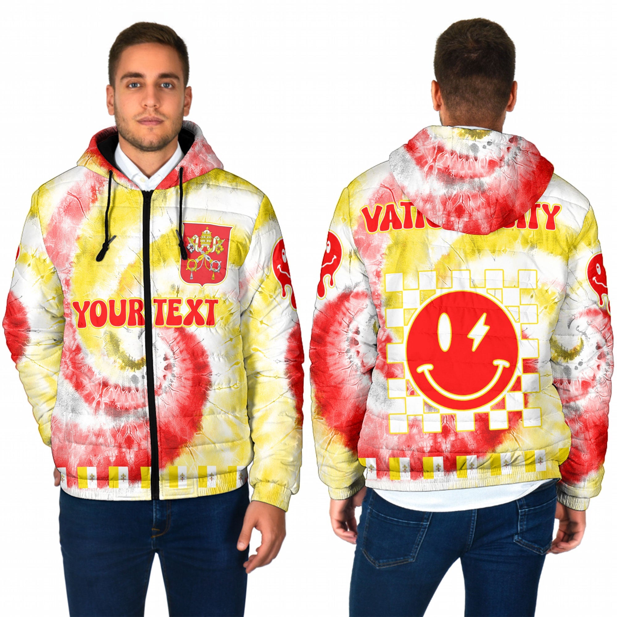 Vatican City Men Hooded Padded Jacket Custom Tie Dye Style 1