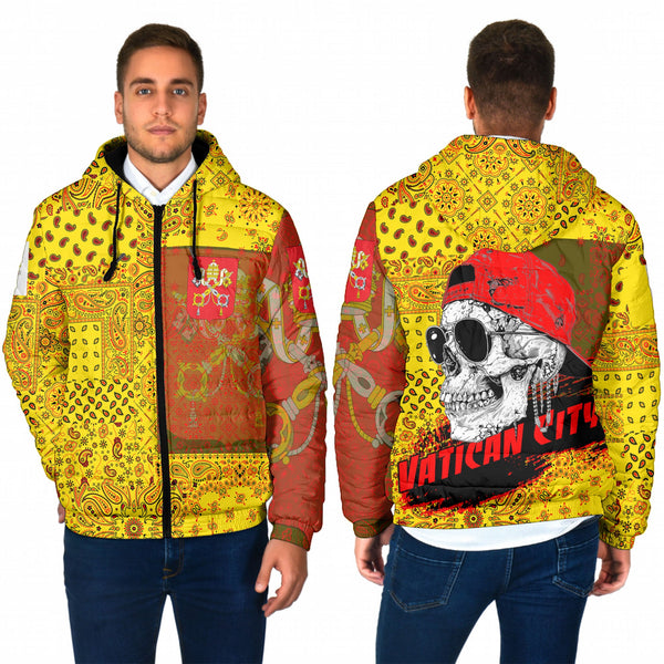 Vatican City Men Hooded Padded Jacket Paisley Flag And Skull Style 1