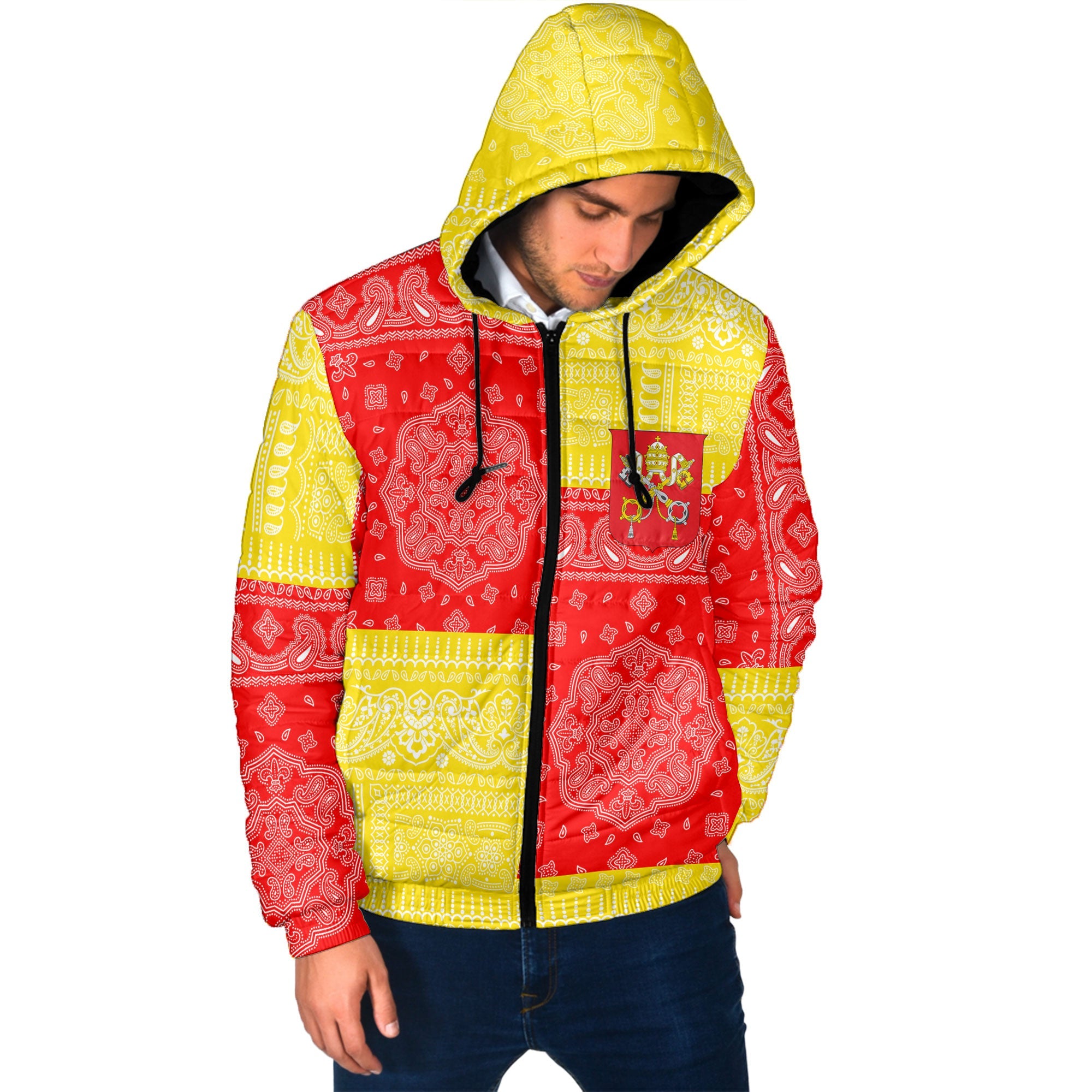 Vatican City Men Hooded Padded Jacket Flag And Paisley Basic Style 2