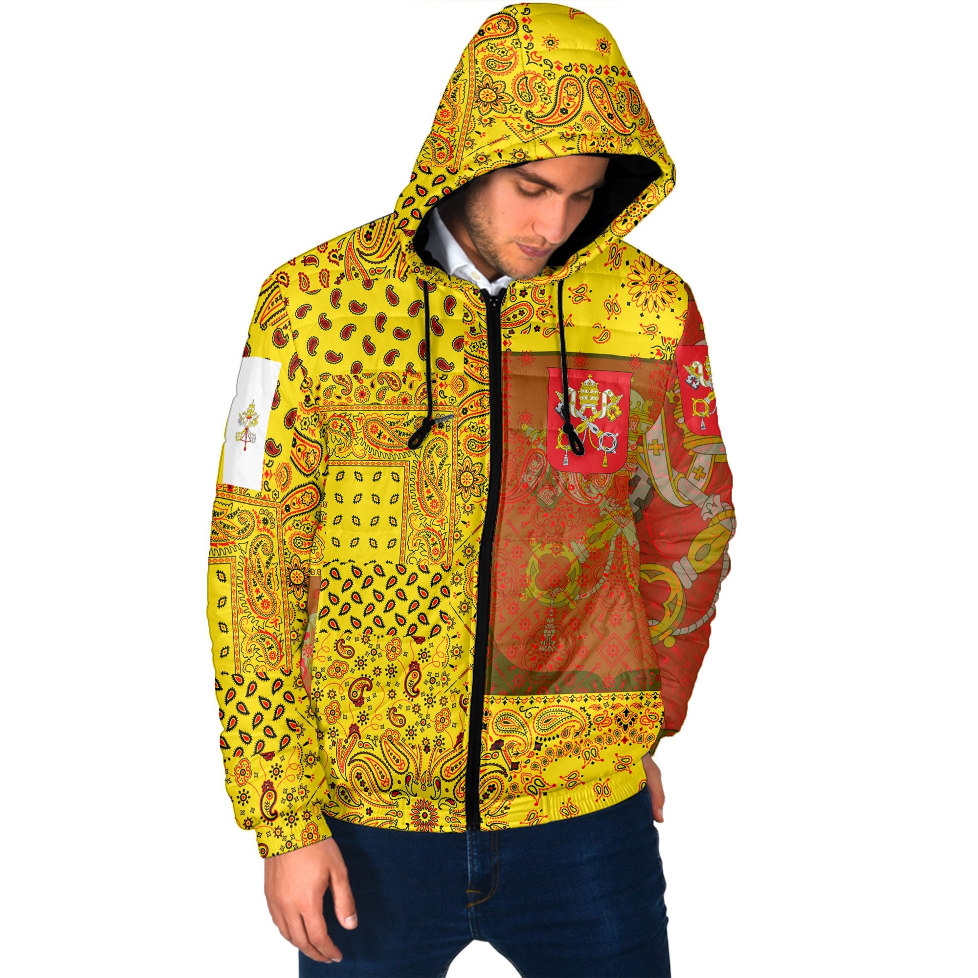 Vatican City Men Hooded Padded Jacket Paisley Flag And Skull Style 2