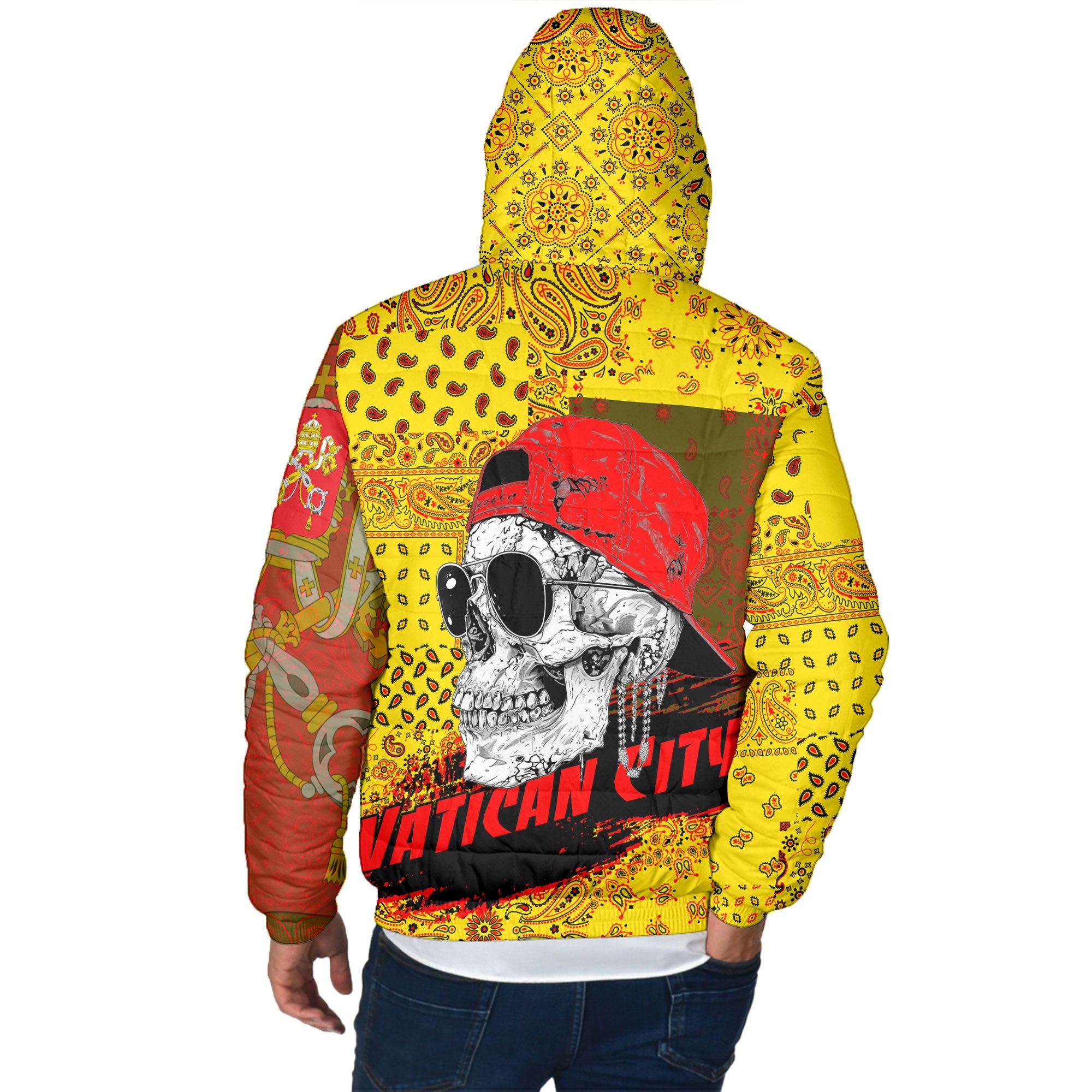 Vatican City Men Hooded Padded Jacket Paisley Flag And Skull Style 3