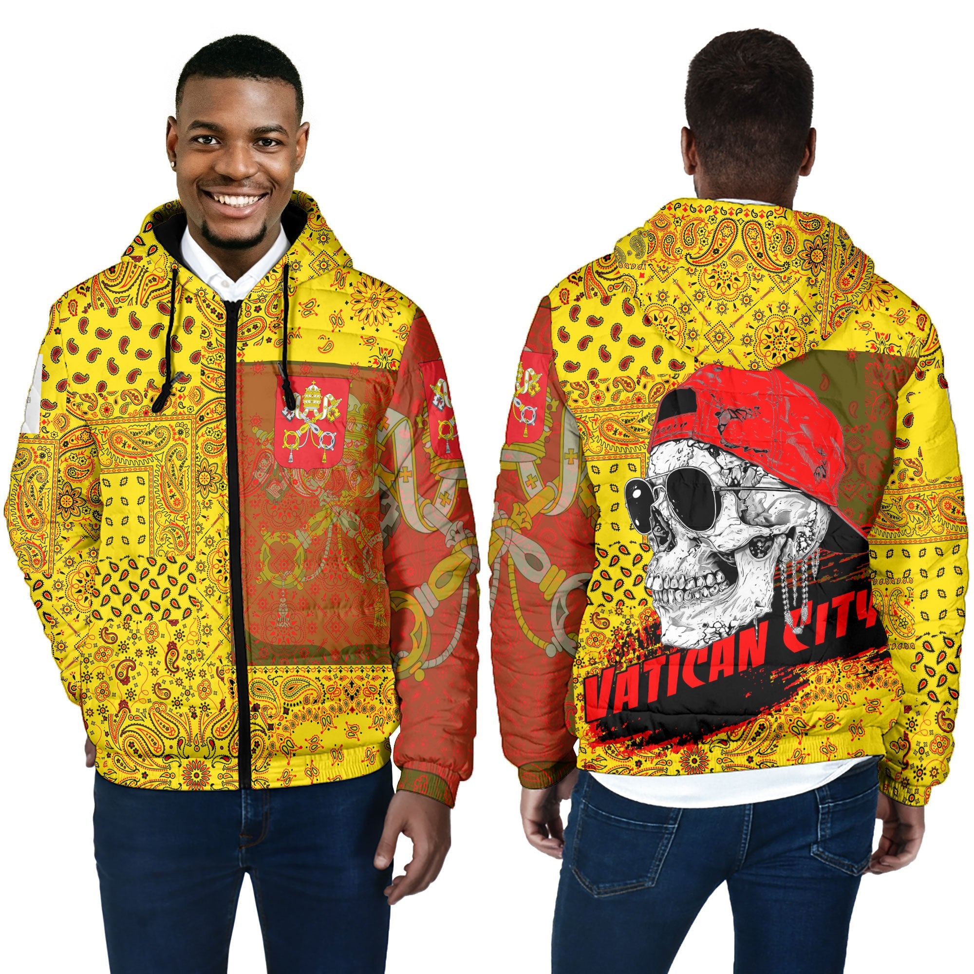 Vatican City Men Hooded Padded Jacket Paisley Flag And Skull Style 4