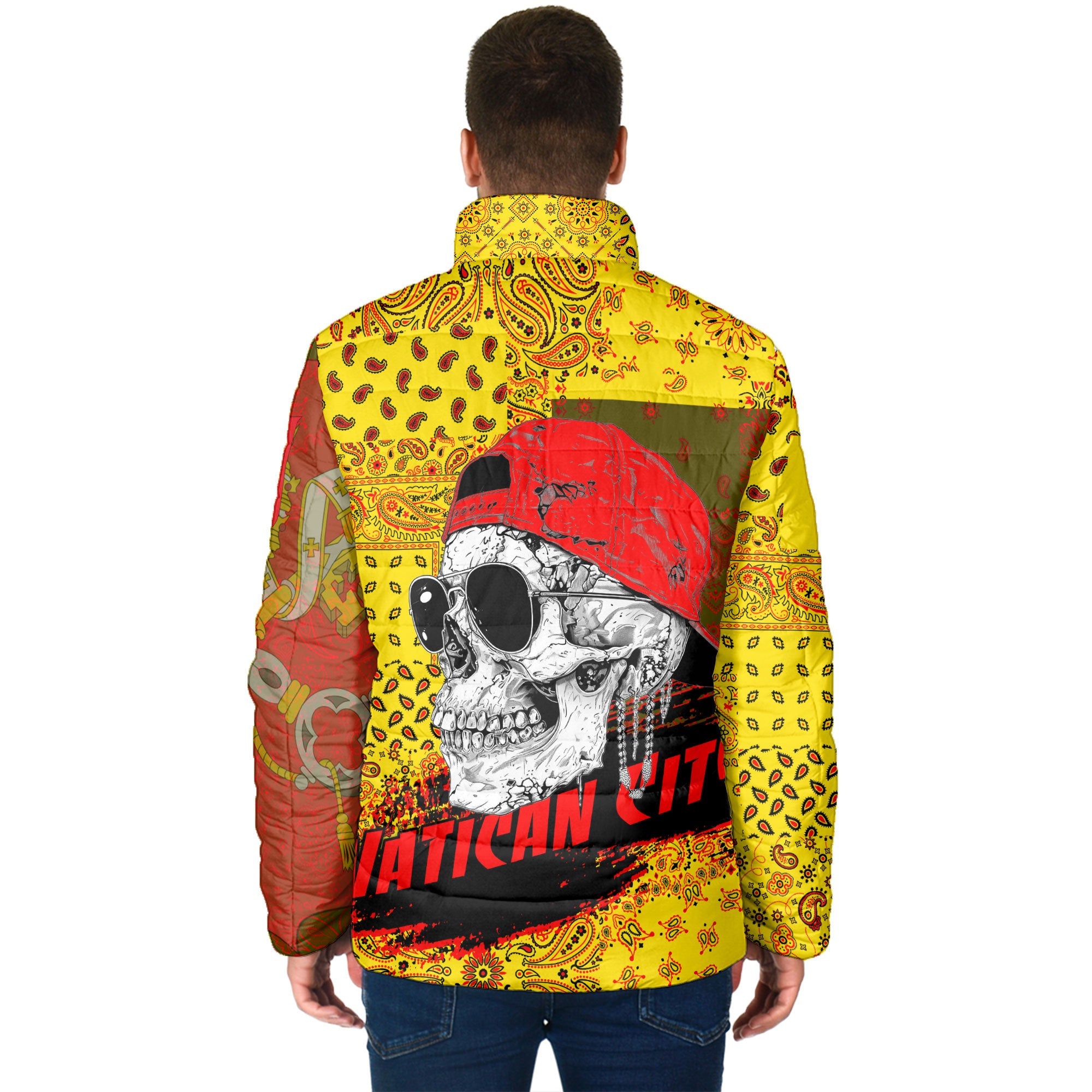 Vatican City Men Padded Jacket Paisley Flag And Skull Style 2