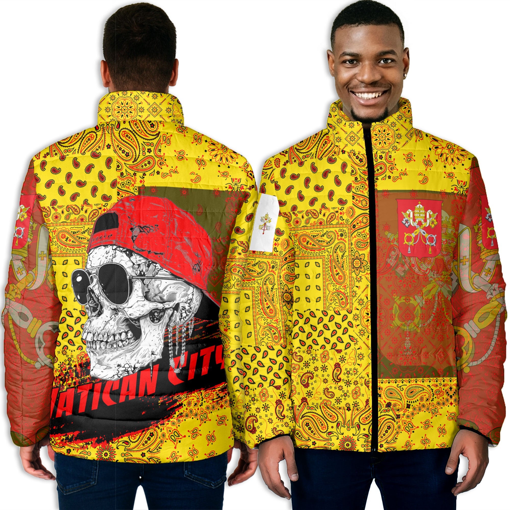 Vatican City Men Padded Jacket Paisley Flag And Skull Style 3