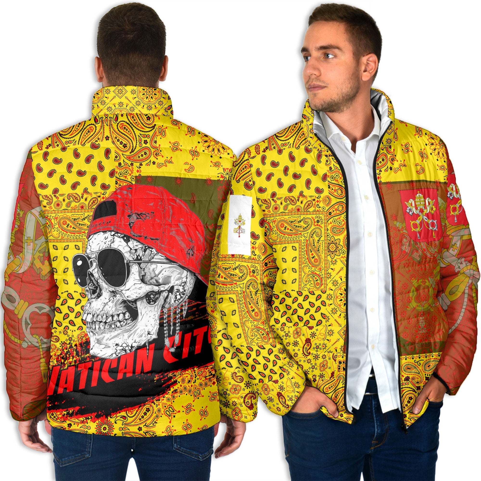 Vatican City Men Padded Jacket Paisley Flag And Skull Style 4