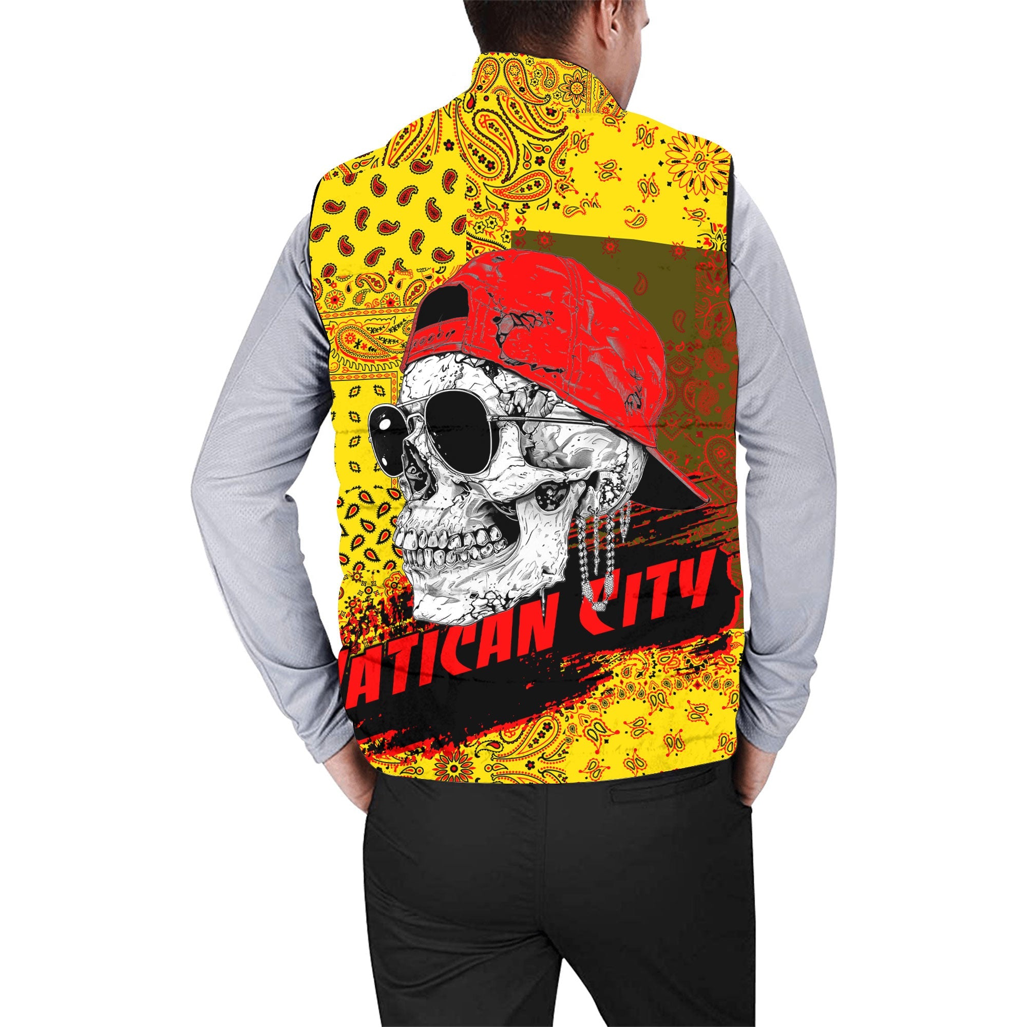 Vatican City Men Padded Jacket Vest Paisley Flag And Skull Style 2