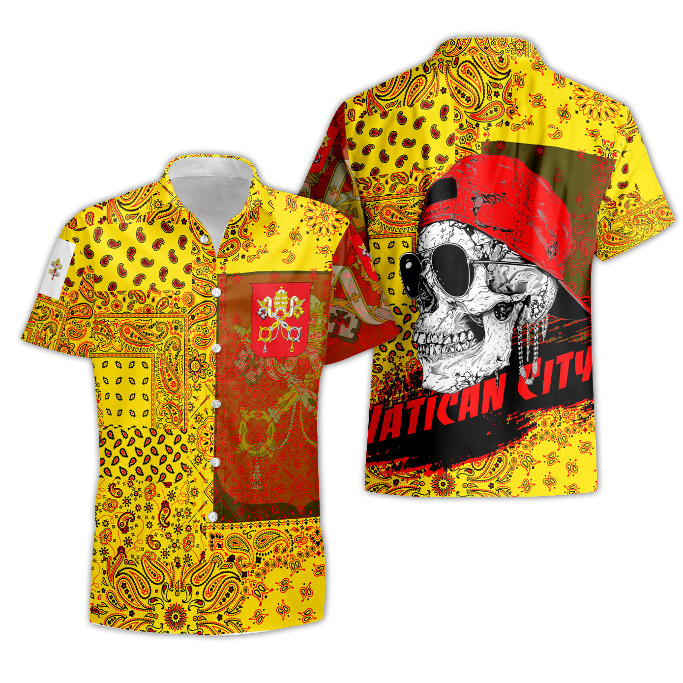 Vatican City Short Sleeve Shirt Paisley Flag And Skull Style 3