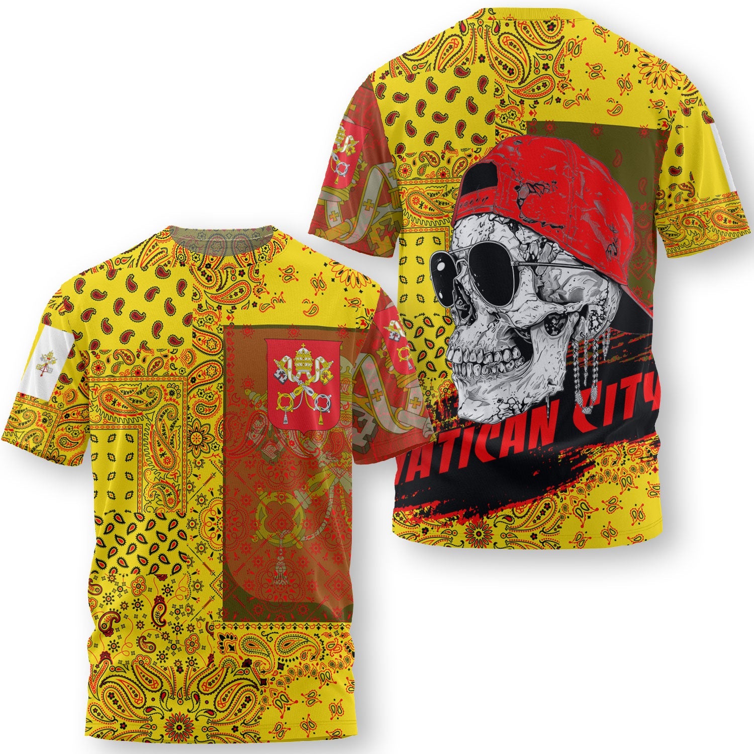 Vatican City T Shirt Paisley Flag And Skull Style 3