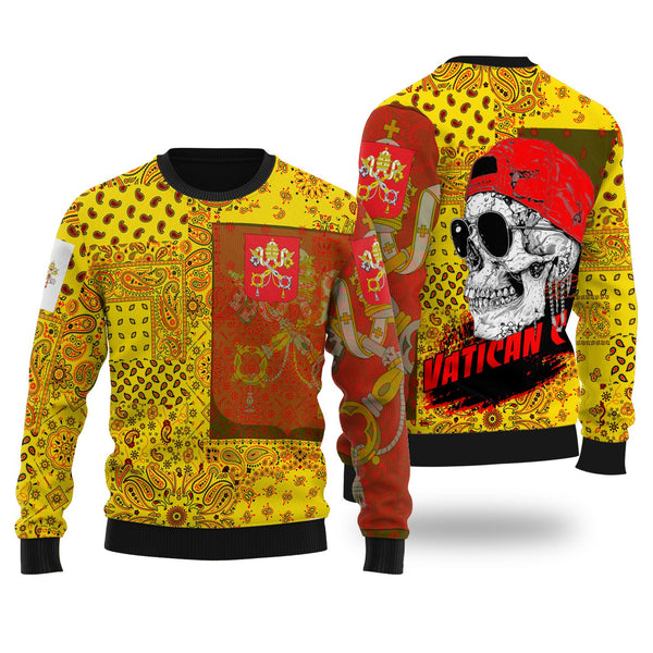 Vatican City Ugly Sweater Paisley Flag And Skull Style 1