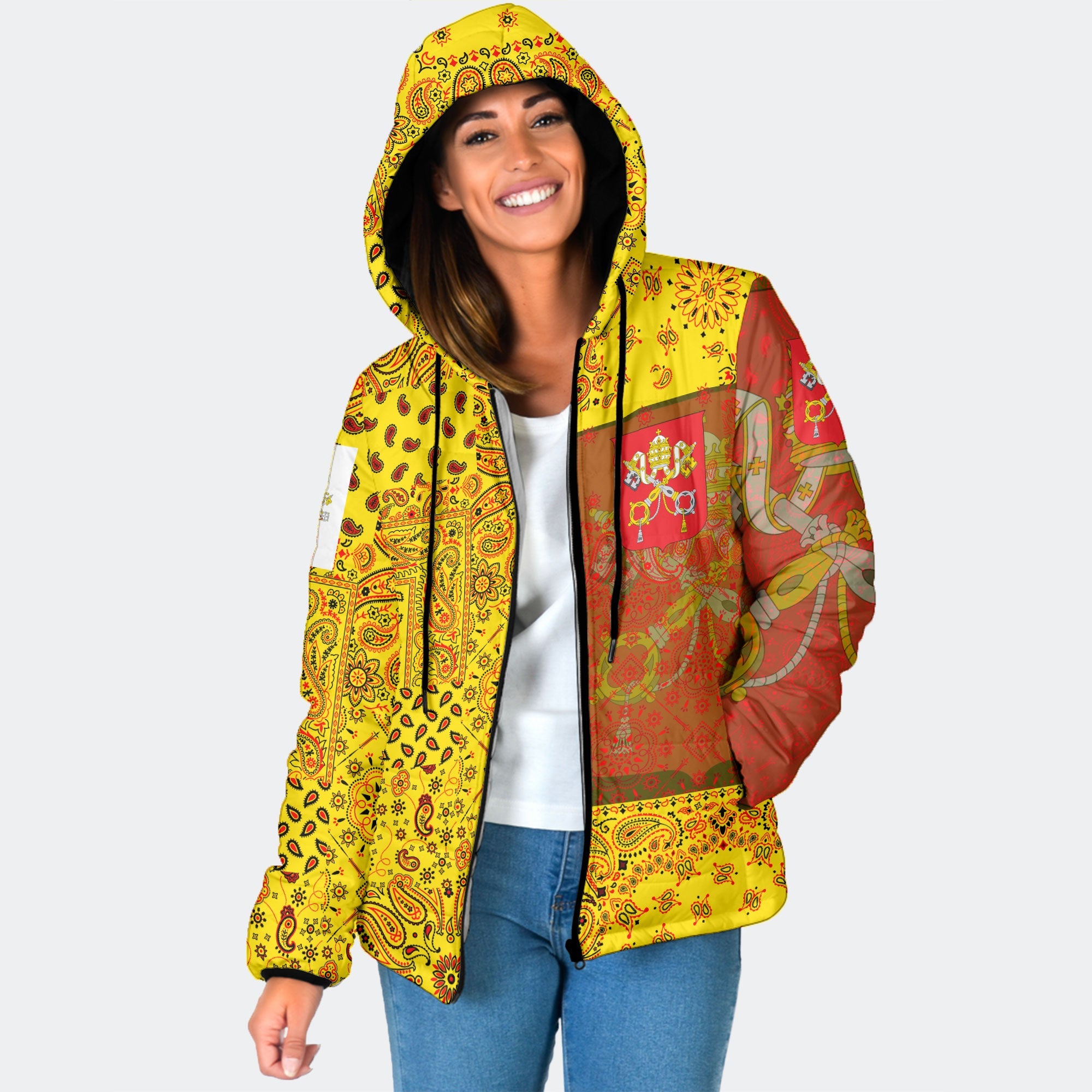 Vatican City Women Hooded Padded Jacket Paisley Flag And Skull Style 1