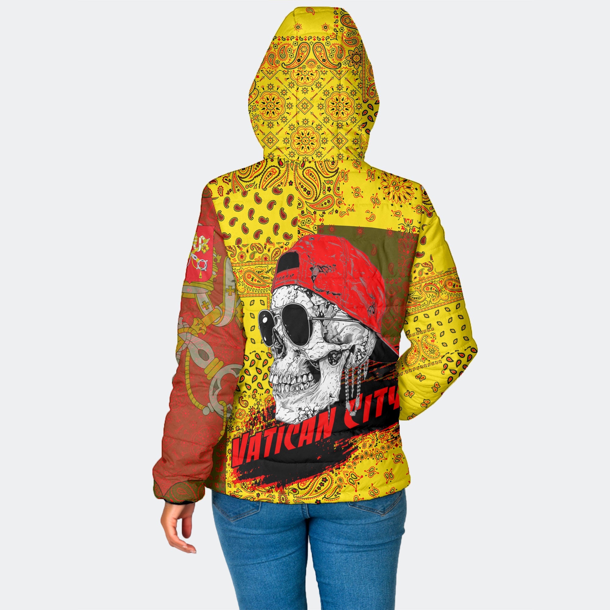 Vatican City Women Hooded Padded Jacket Paisley Flag And Skull Style 2