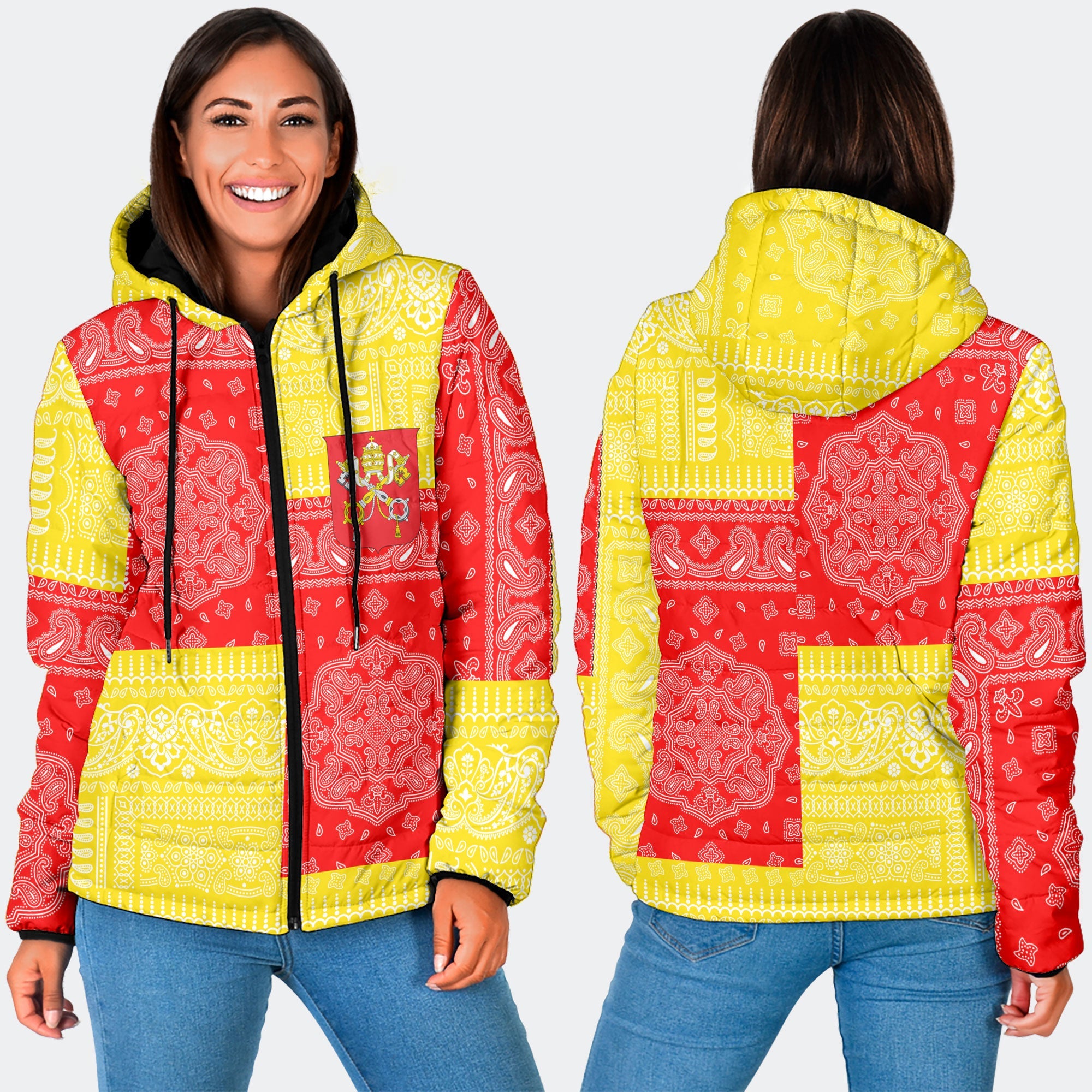 Vatican City Women Hooded Padded Jacket Flag And Paisley Basic Style 3