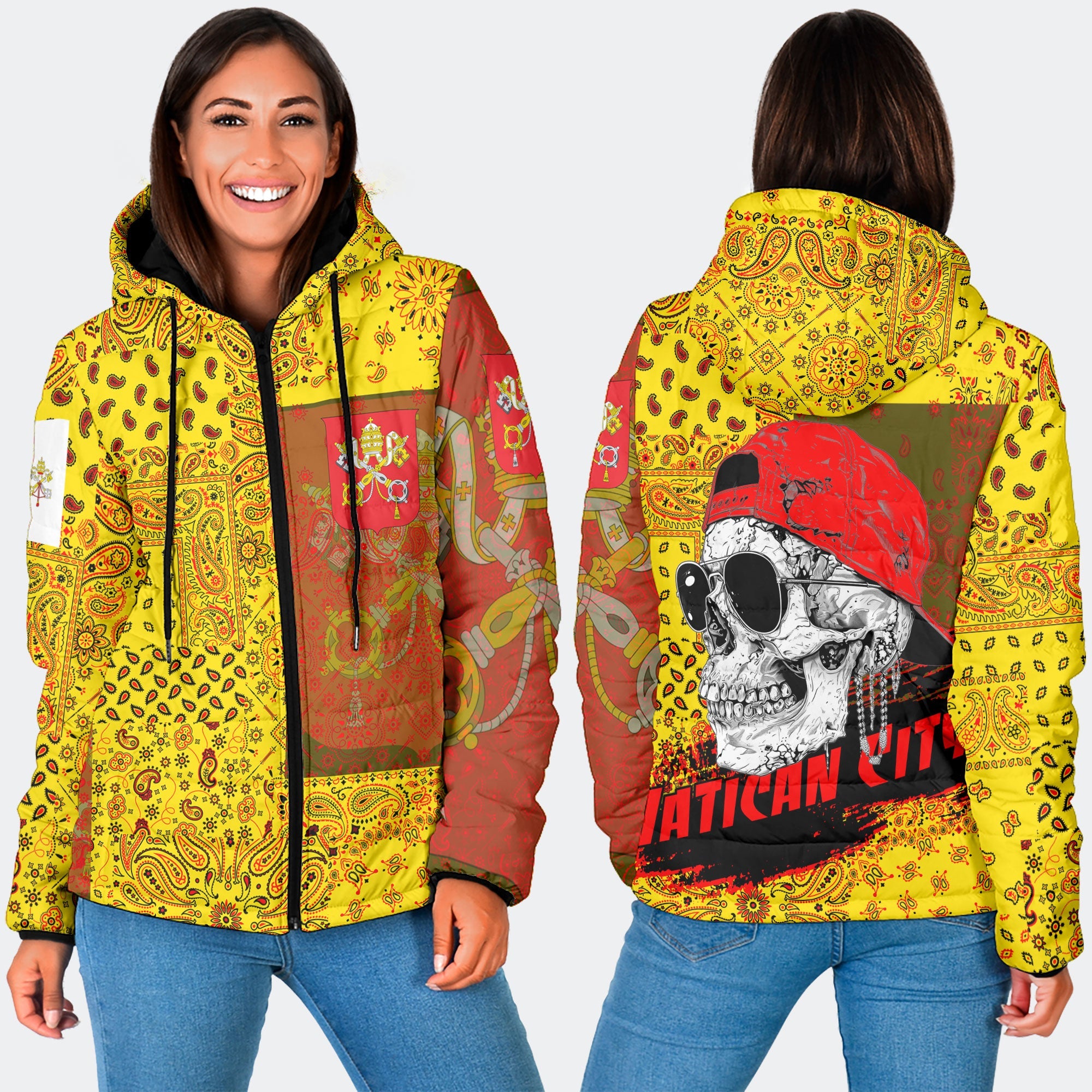 Vatican City Women Hooded Padded Jacket Paisley Flag And Skull Style 3