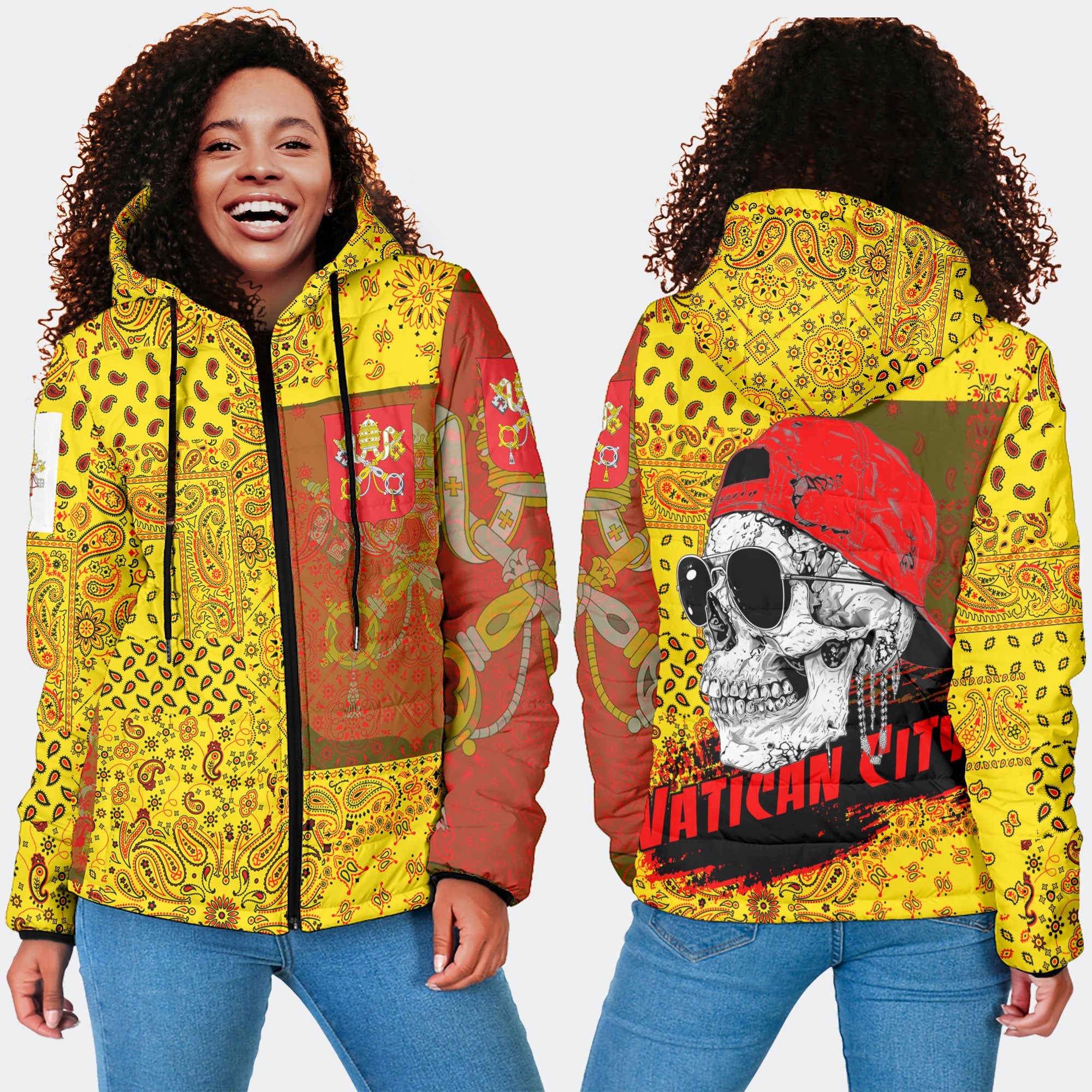 Vatican City Women Hooded Padded Jacket Paisley Flag And Skull Style 4