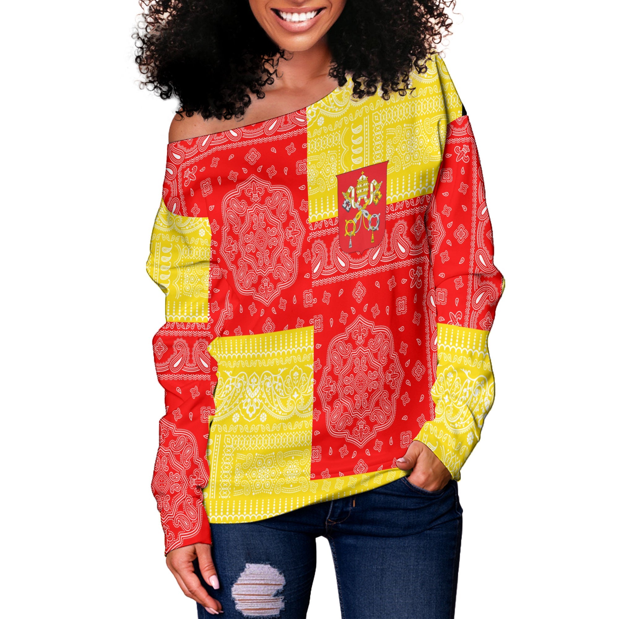 Vatican City Women Off Shoulder Sweatshirt Flag And Paisley Basic Style 2