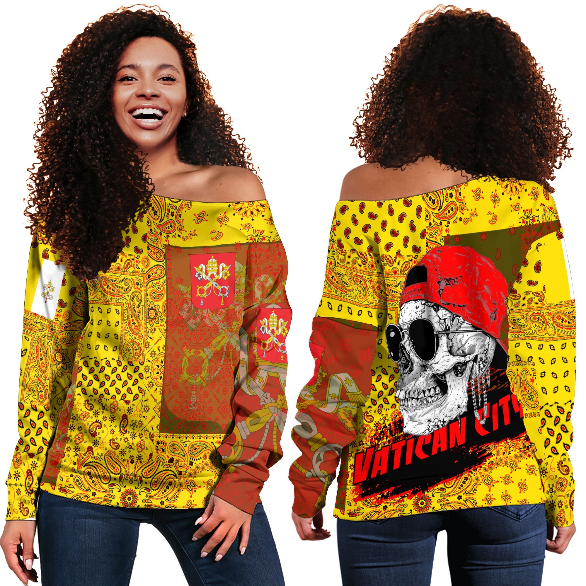 Vatican City Women Off Shoulder Sweatshirt Paisley Flag And Skull Style 1