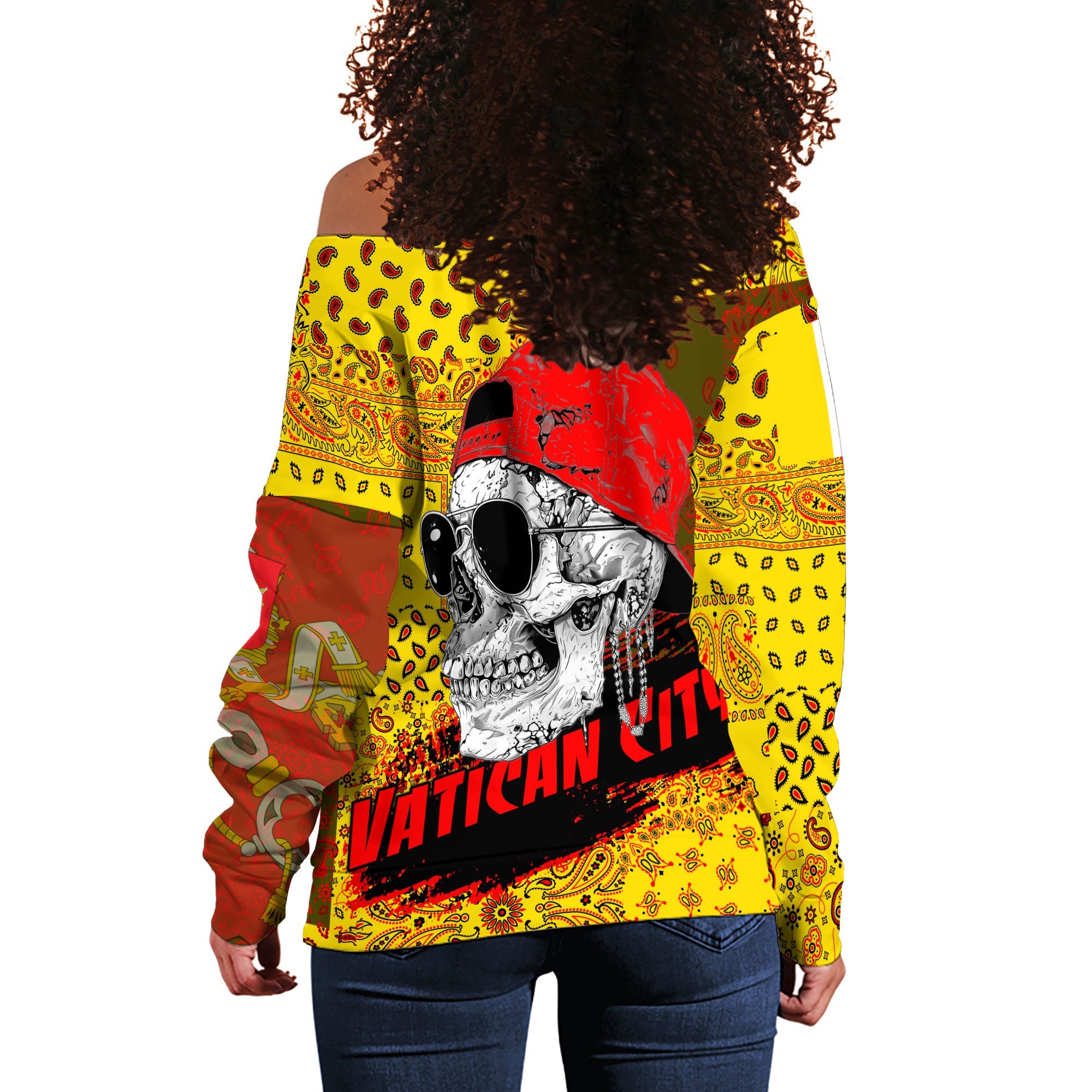 Vatican City Women Off Shoulder Sweatshirt Paisley Flag And Skull Style 3