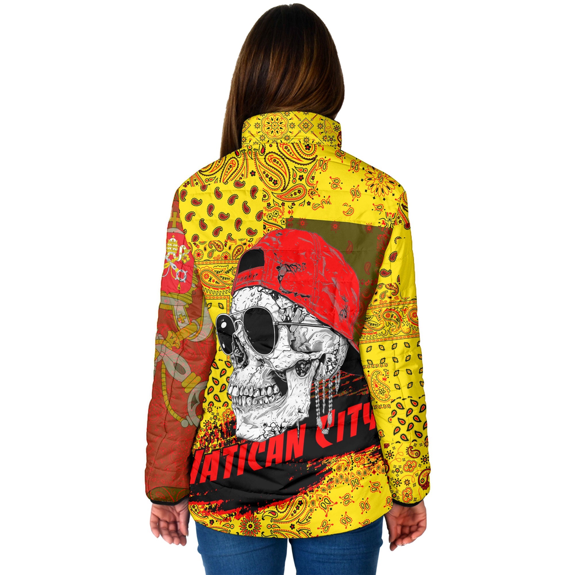 Vatican City Women Padded Jacket Paisley Flag And Skull Style 2