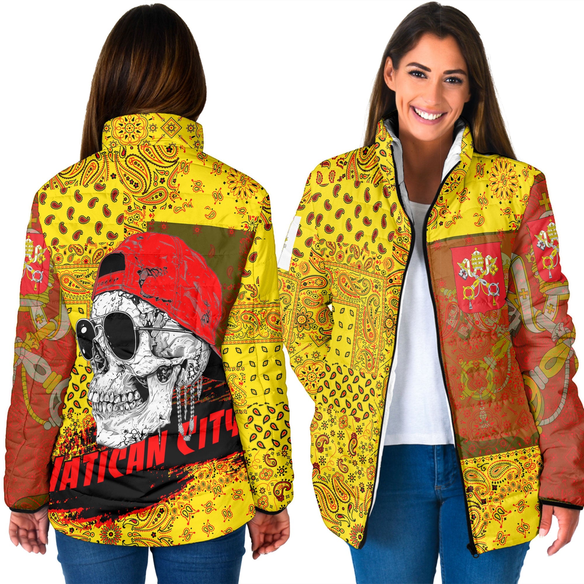 Vatican City Women Padded Jacket Paisley Flag And Skull Style 3