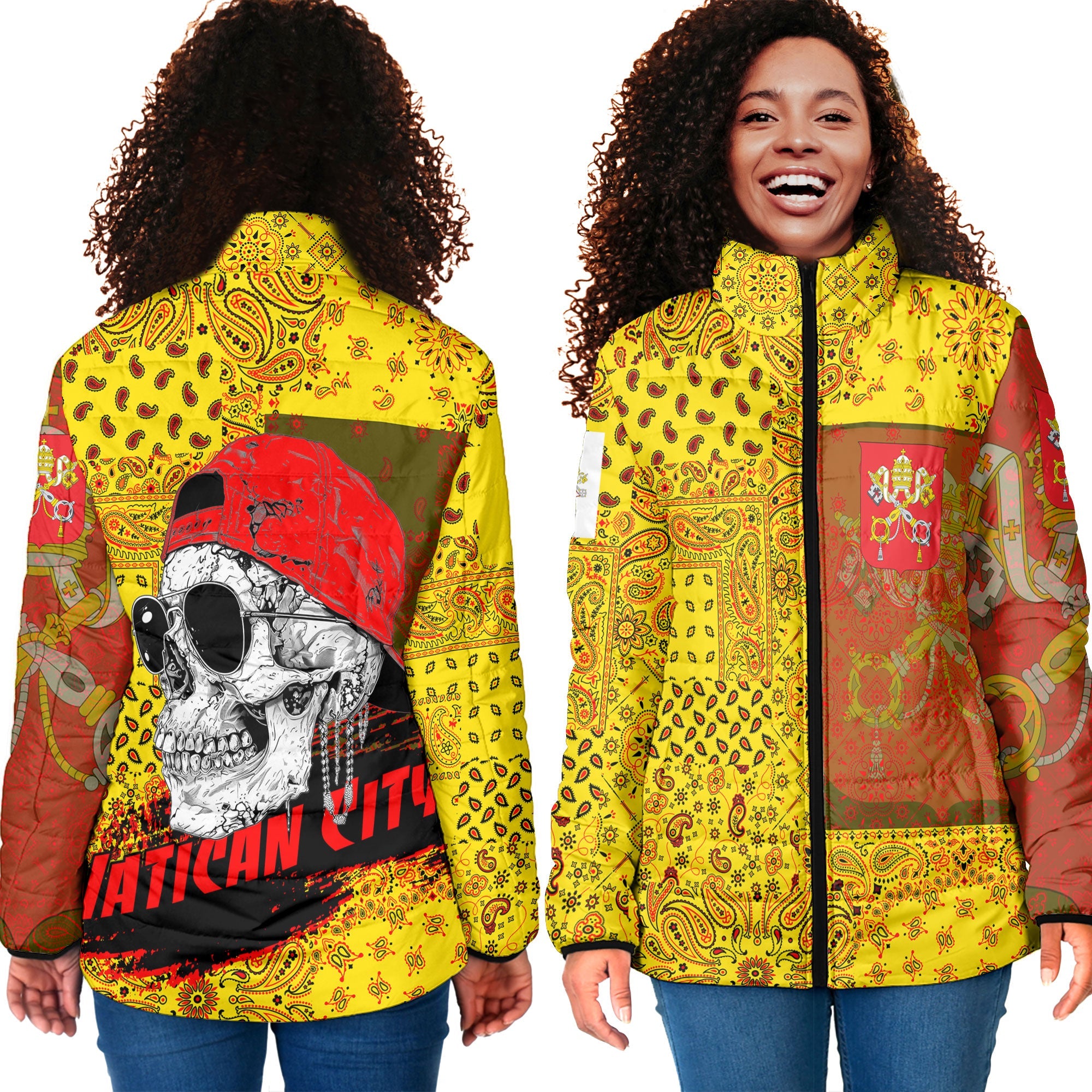 Vatican City Women Padded Jacket Paisley Flag And Skull Style 4