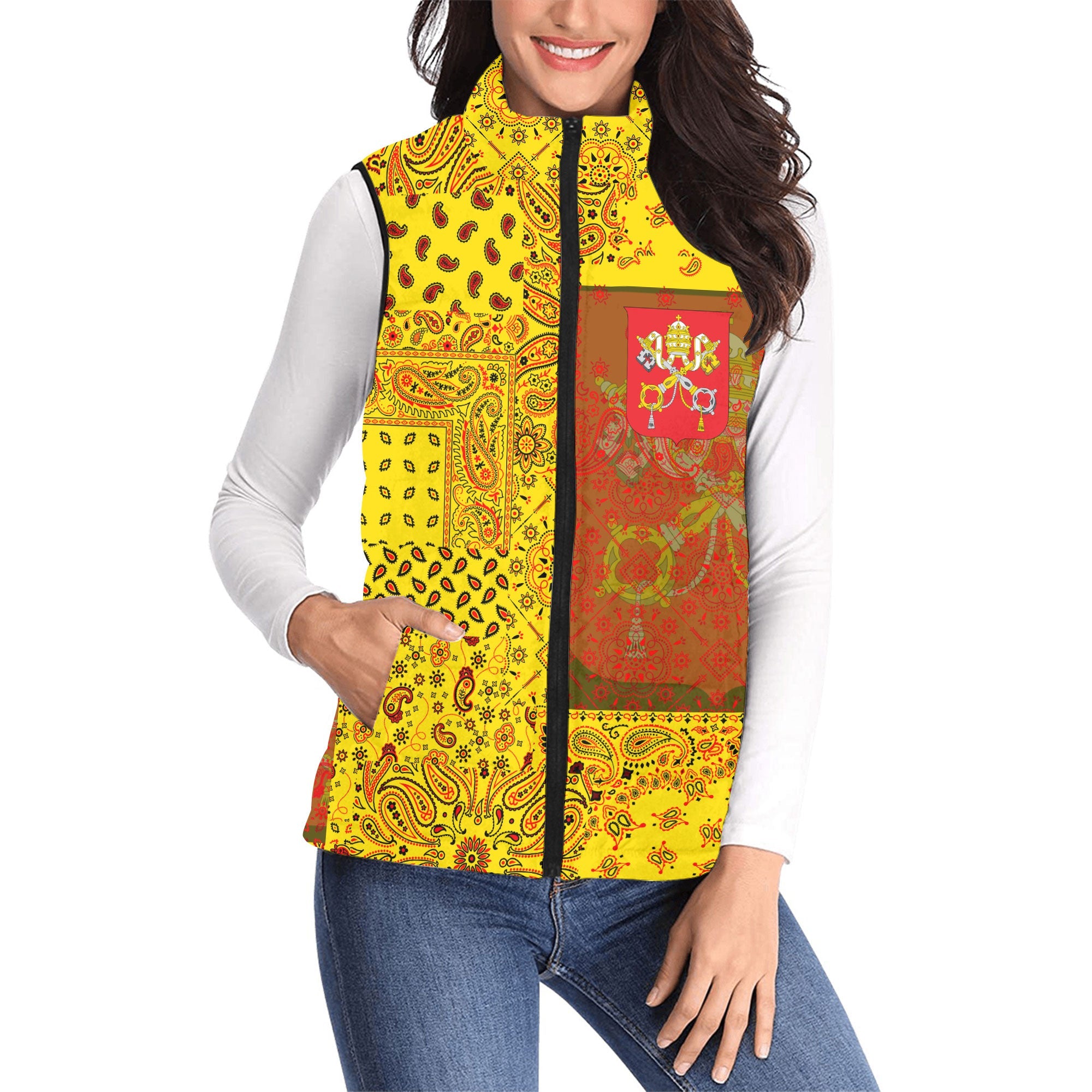 Vatican City Women Padded Jacket Vest Paisley Flag And Skull Style 1