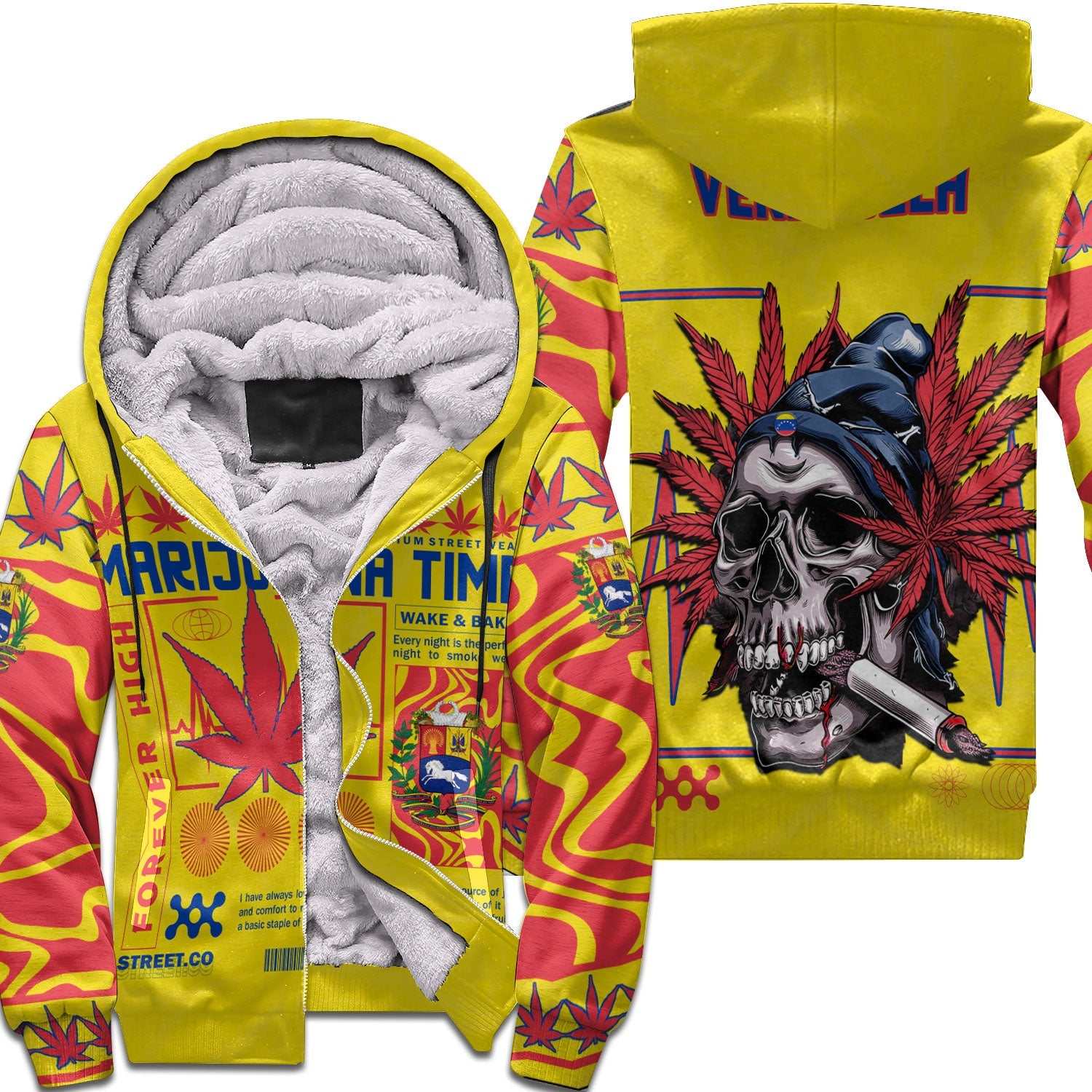 Venezuela Sherpa Hoodie Flag & Coat Of Arms Marijuanas Style