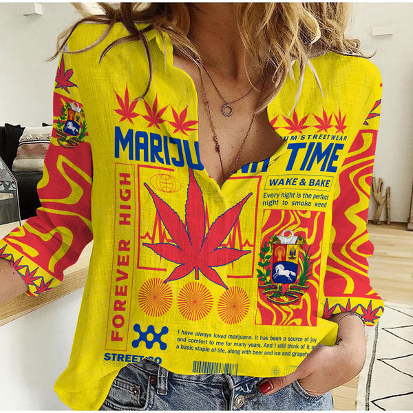 Venezuela Women Casual Shirt Flag & Coat Of Arms Marijuanas Style