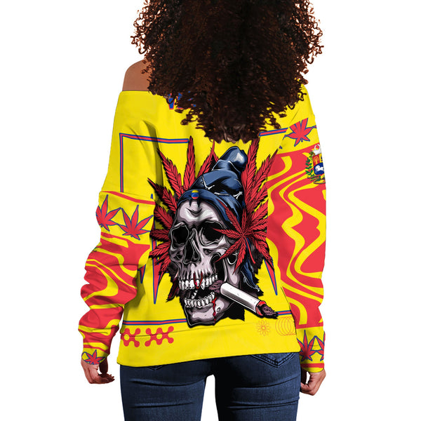 Venezuela Women Off Shoulder Sweatshirt Flag & Coat Of Arms Marijuanas Style