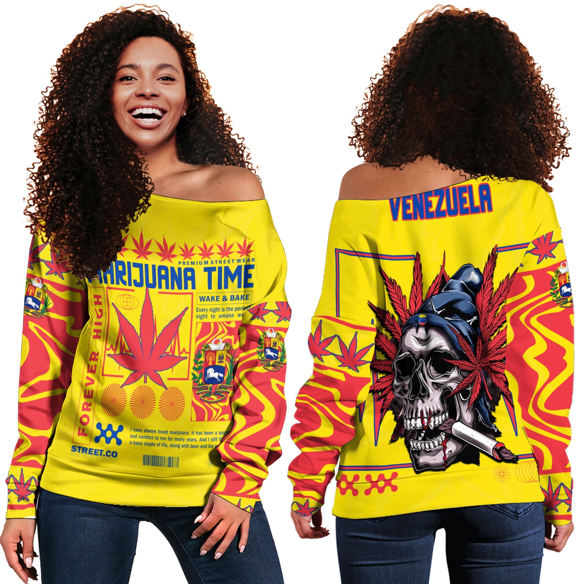 Venezuela Women Off Shoulder Sweatshirt Flag & Coat Of Arms Marijuanas Style