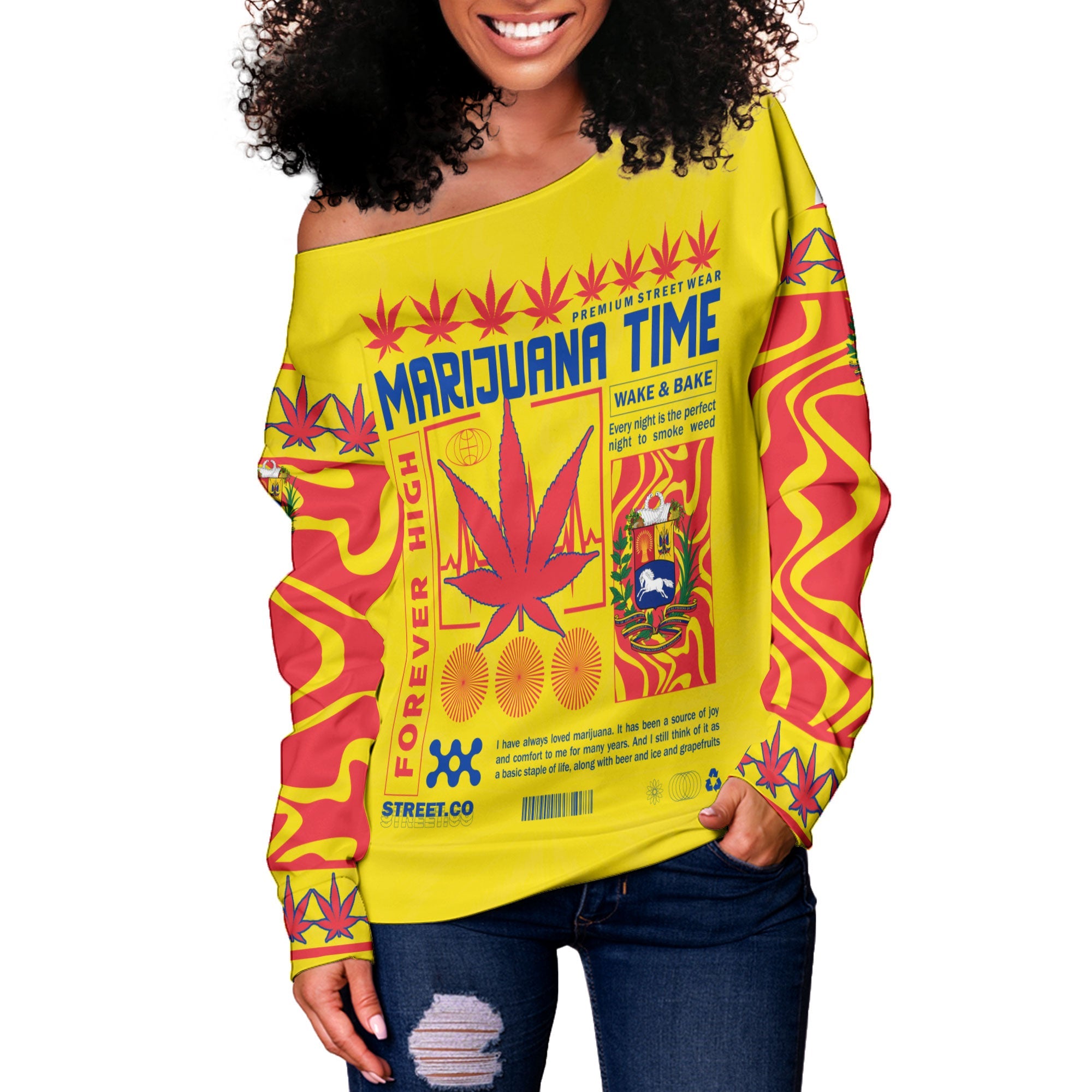 Venezuela Women Off Shoulder Sweatshirt Flag & Coat Of Arms Marijuanas Style