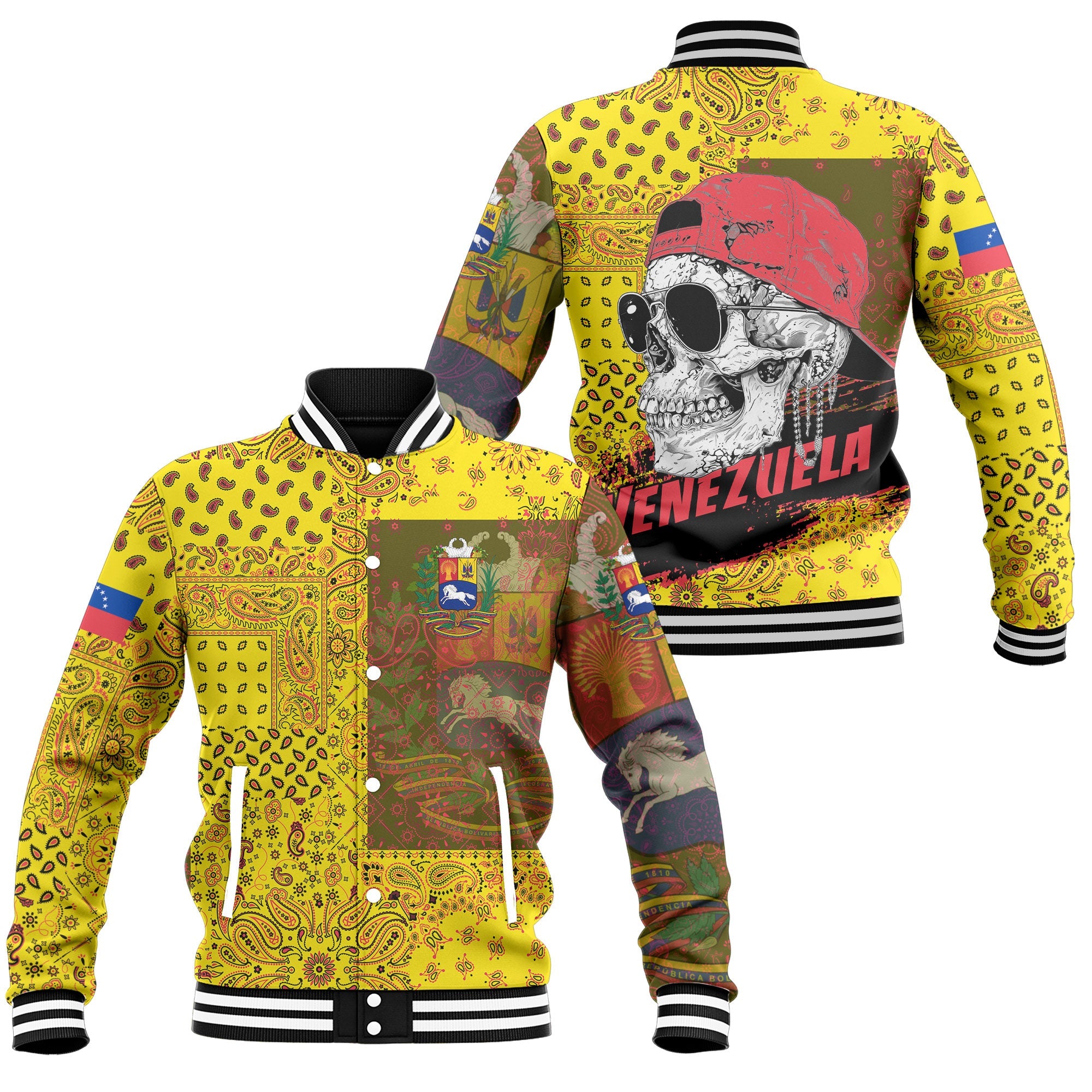 Venezuela Baseball Jacket Paisley Flag And Skull Style 1