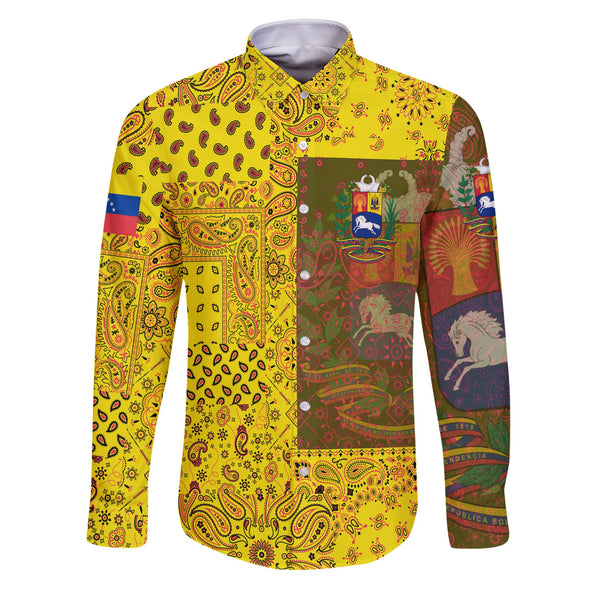 Venezuela Long Sleeve Button Shirt Paisley Flag And Skull Style 1