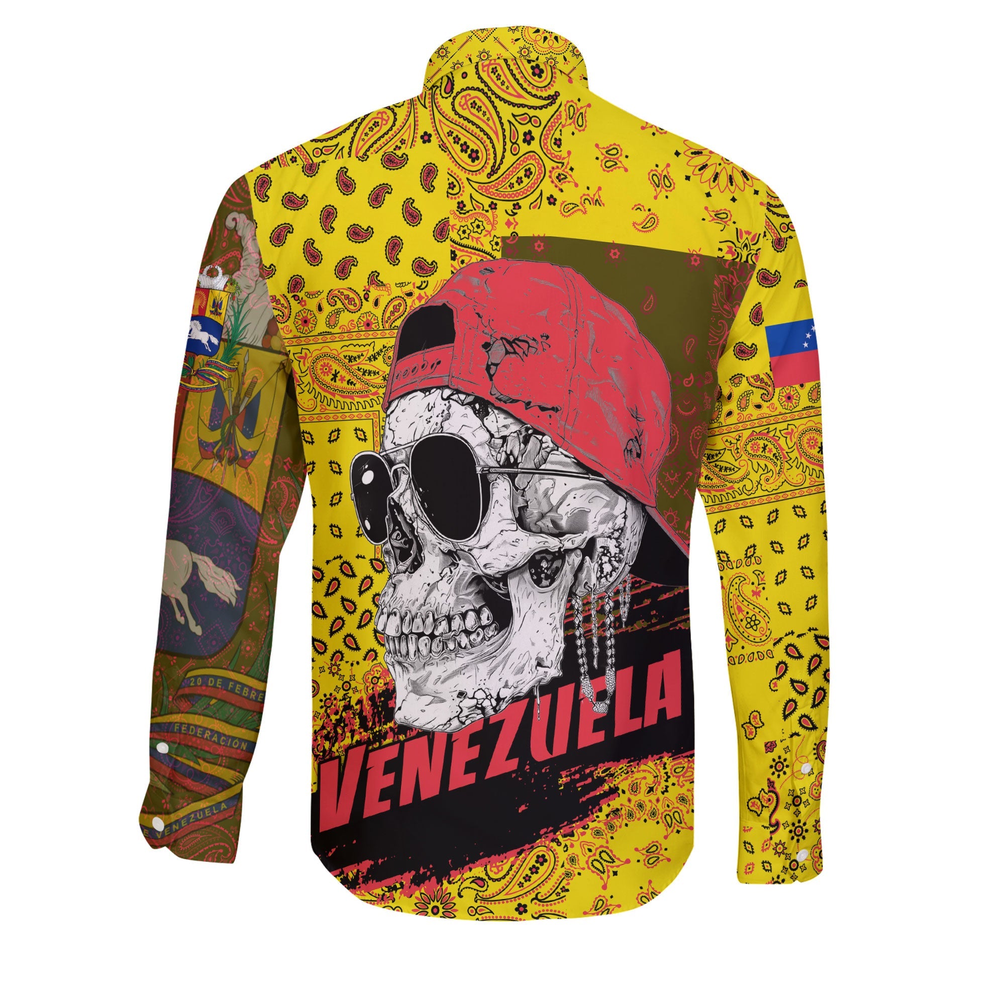 Venezuela Long Sleeve Button Shirt Paisley Flag And Skull Style 2