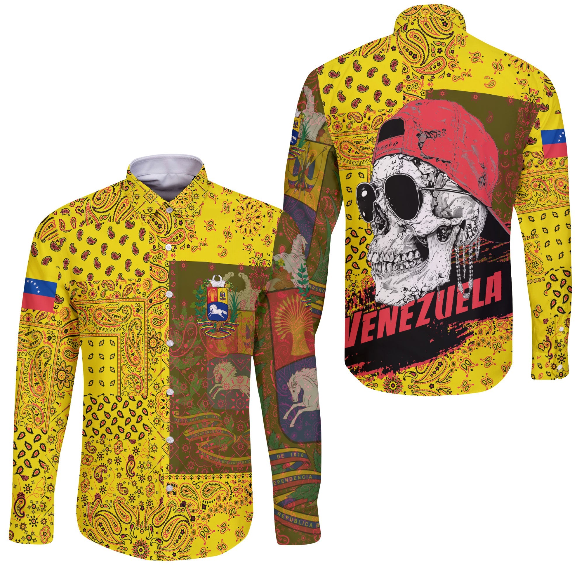 Venezuela Long Sleeve Button Shirt Paisley Flag And Skull Style 3