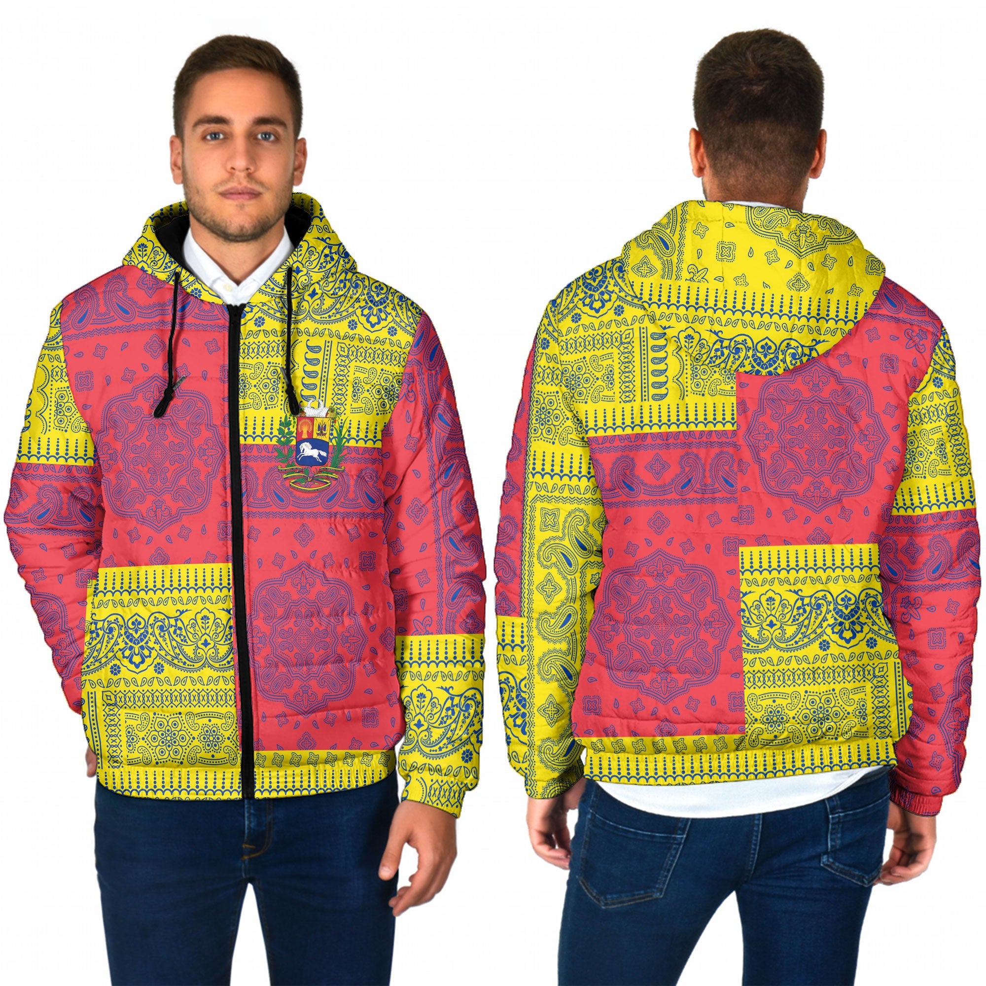 Venezuela Men Hooded Padded Jacket Flag And Paisley Basic Style 1