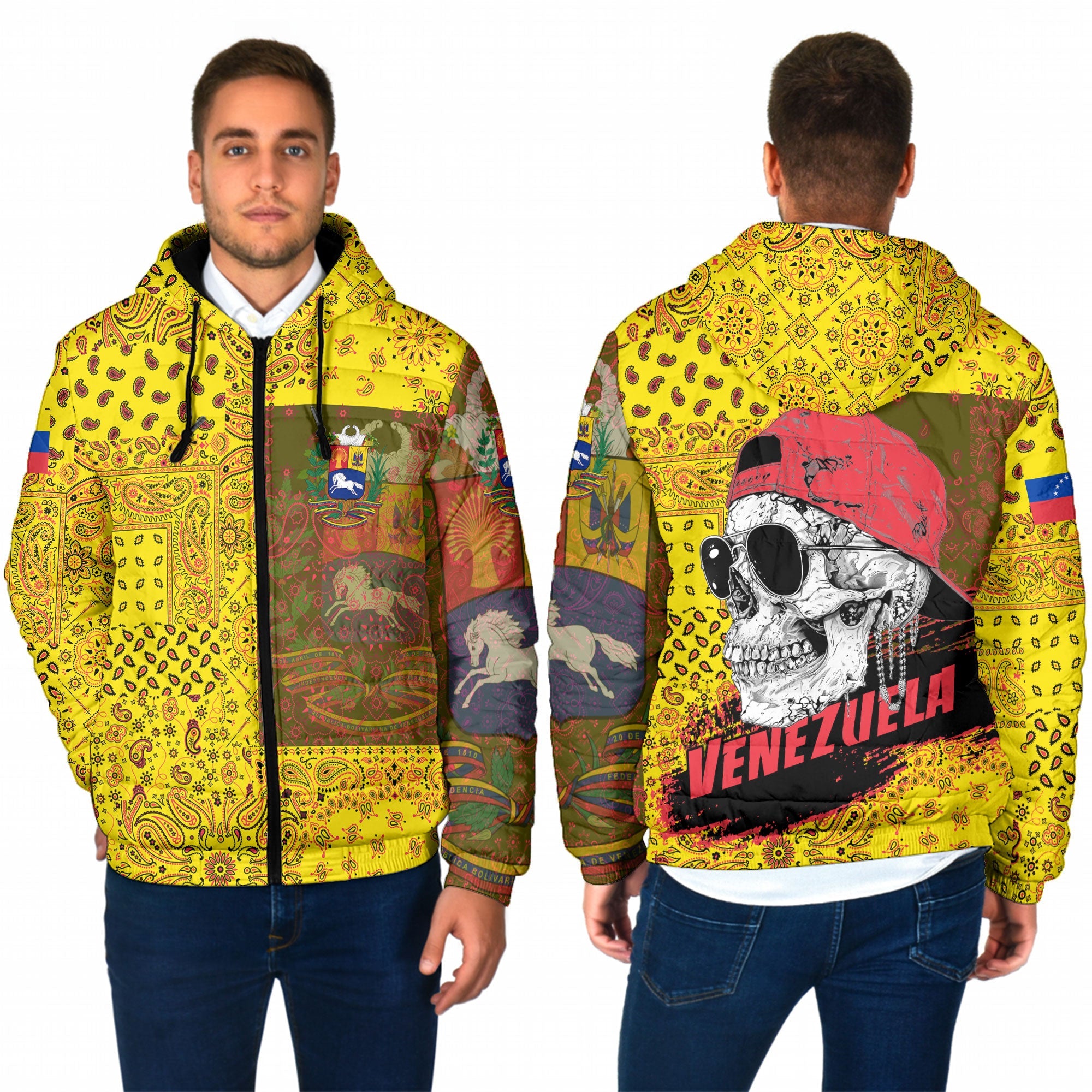 Venezuela Men Hooded Padded Jacket Paisley Flag And Skull Style 1