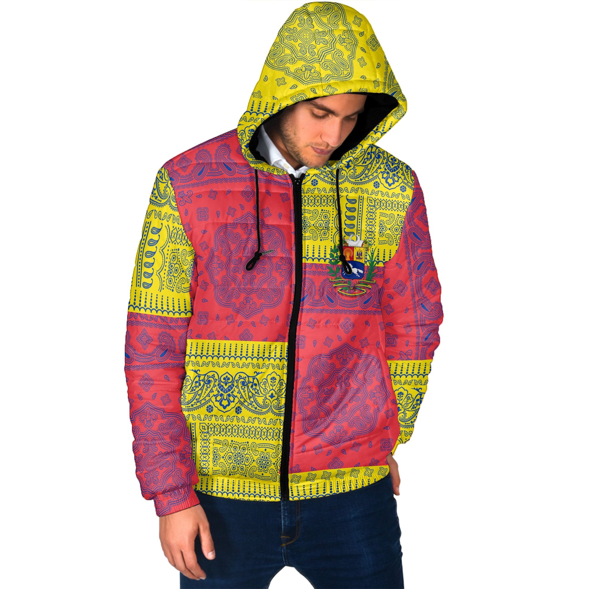 Venezuela Men Hooded Padded Jacket Flag And Paisley Basic Style 2