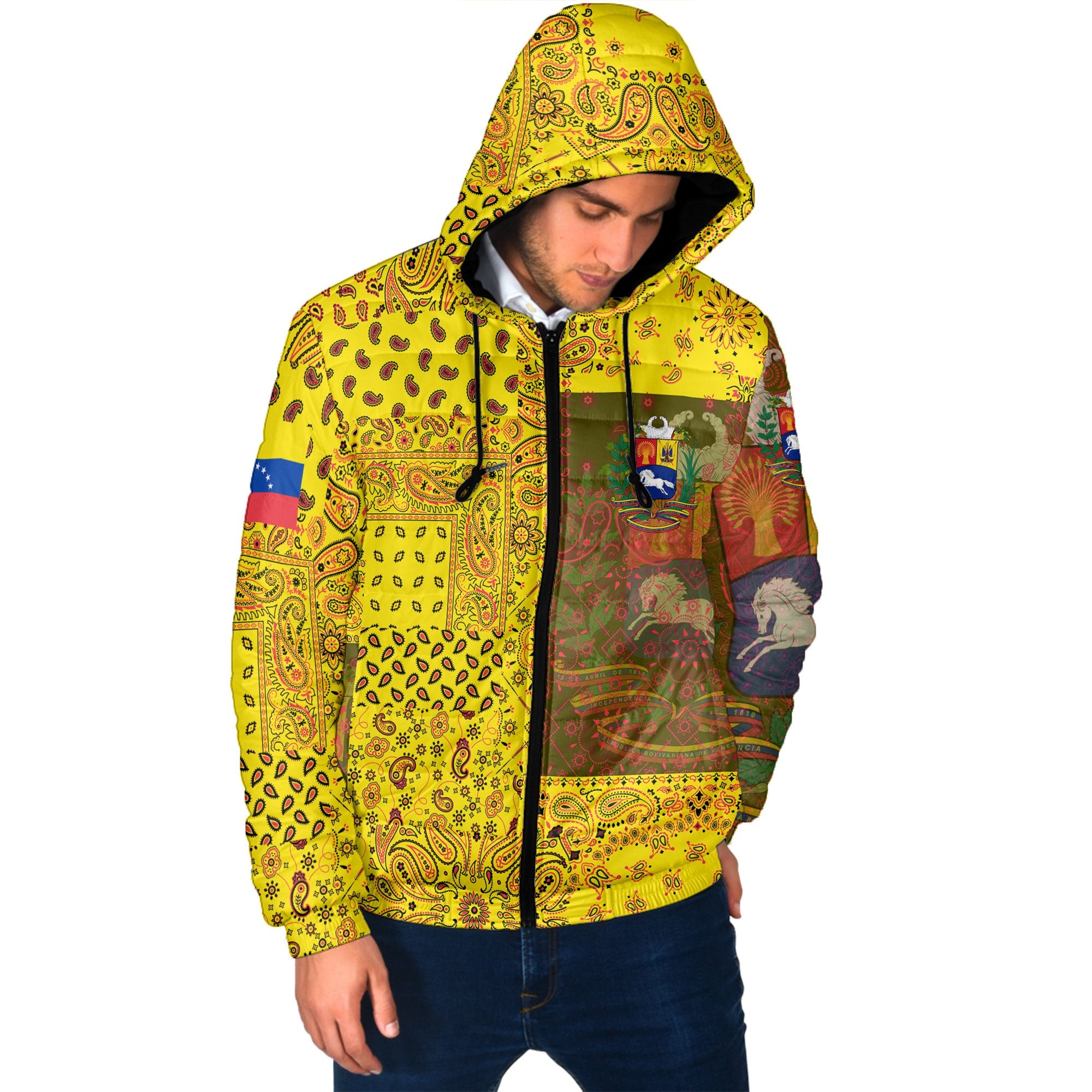 Venezuela Men Hooded Padded Jacket Paisley Flag And Skull Style 2