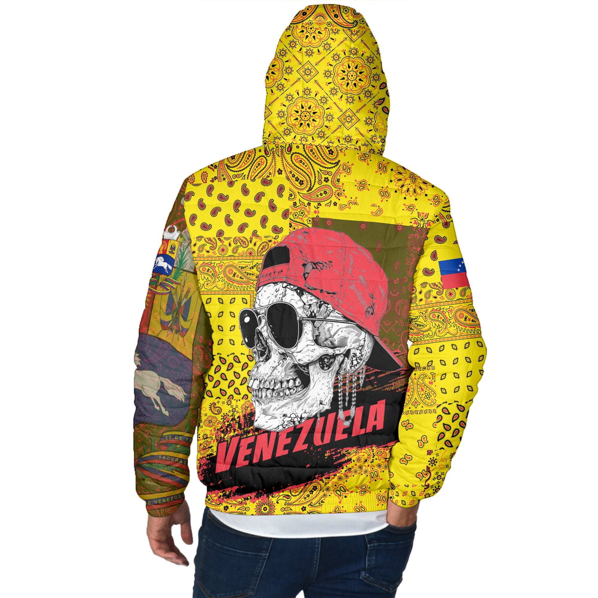 Venezuela Men Hooded Padded Jacket Paisley Flag And Skull Style 3