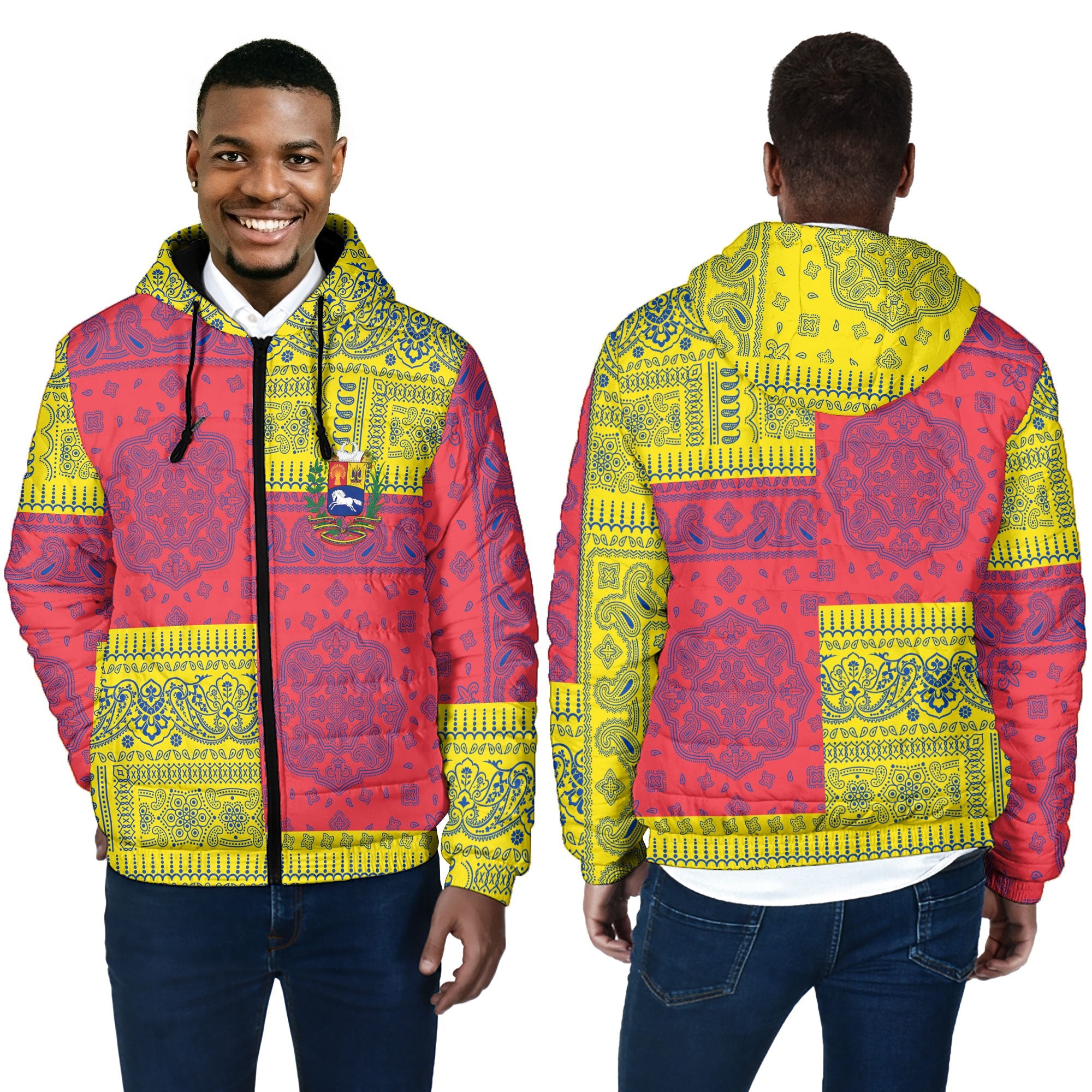 Venezuela Men Hooded Padded Jacket Flag And Paisley Basic Style 4