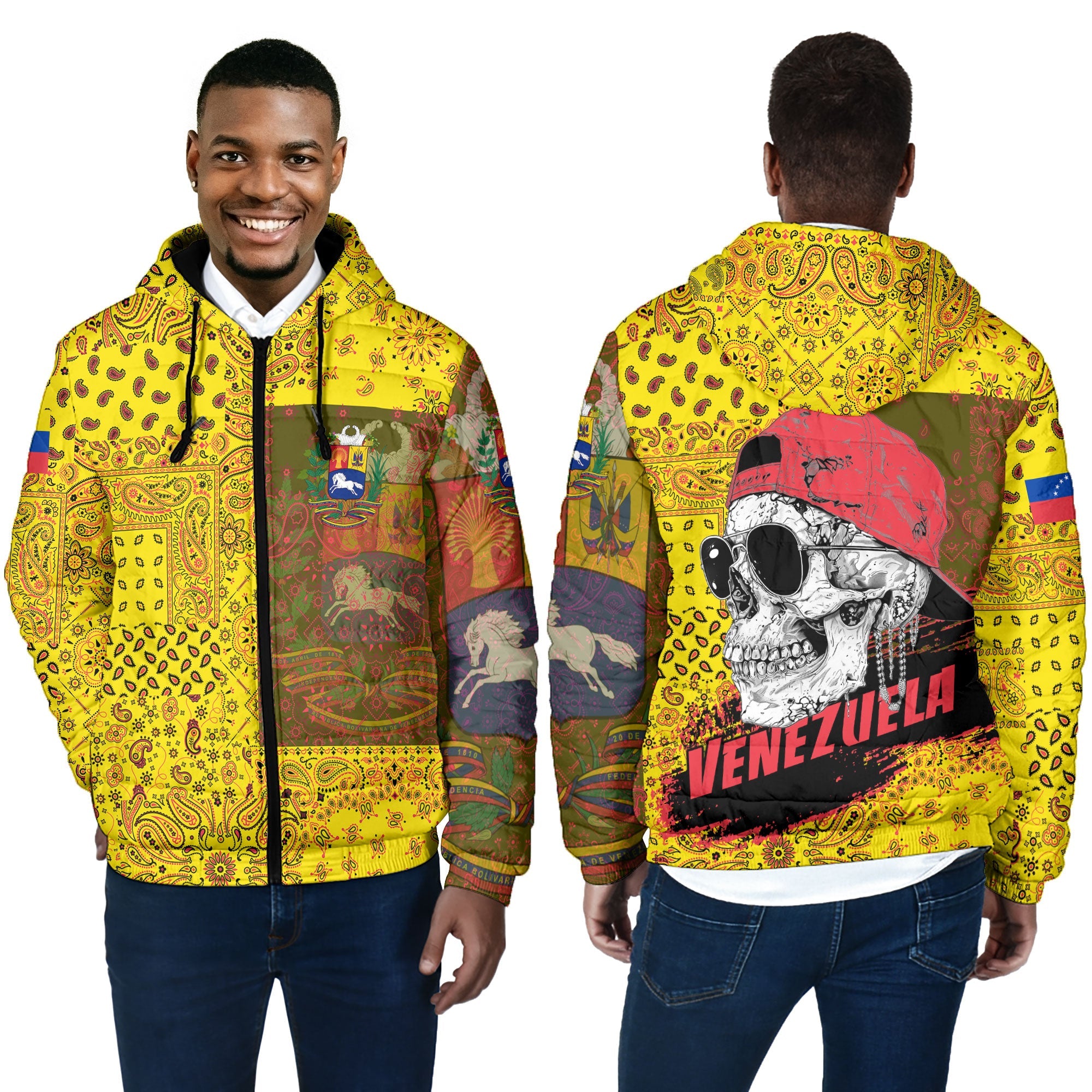 Venezuela Men Hooded Padded Jacket Paisley Flag And Skull Style 4