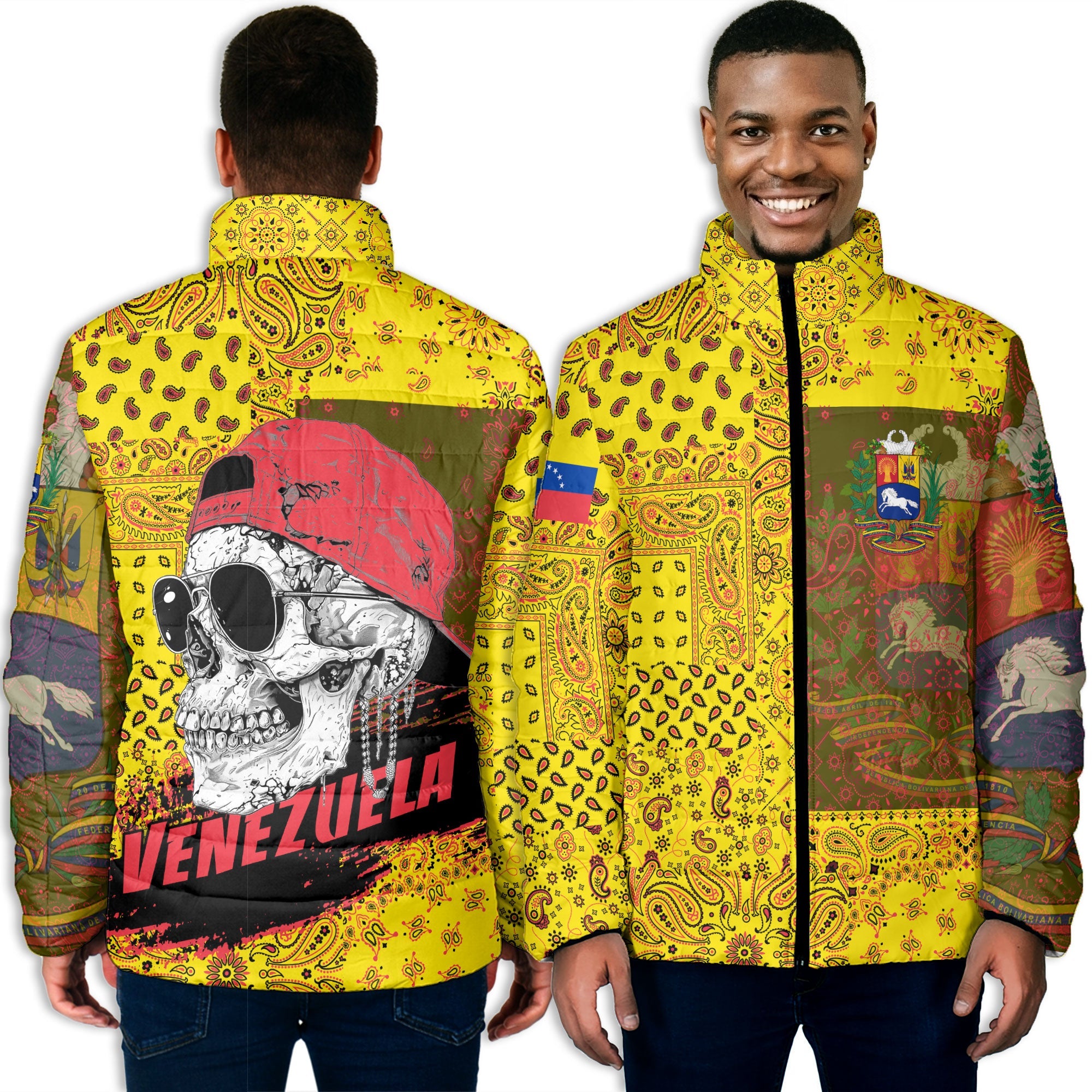 Venezuela Men Padded Jacket Paisley Flag And Skull Style 3