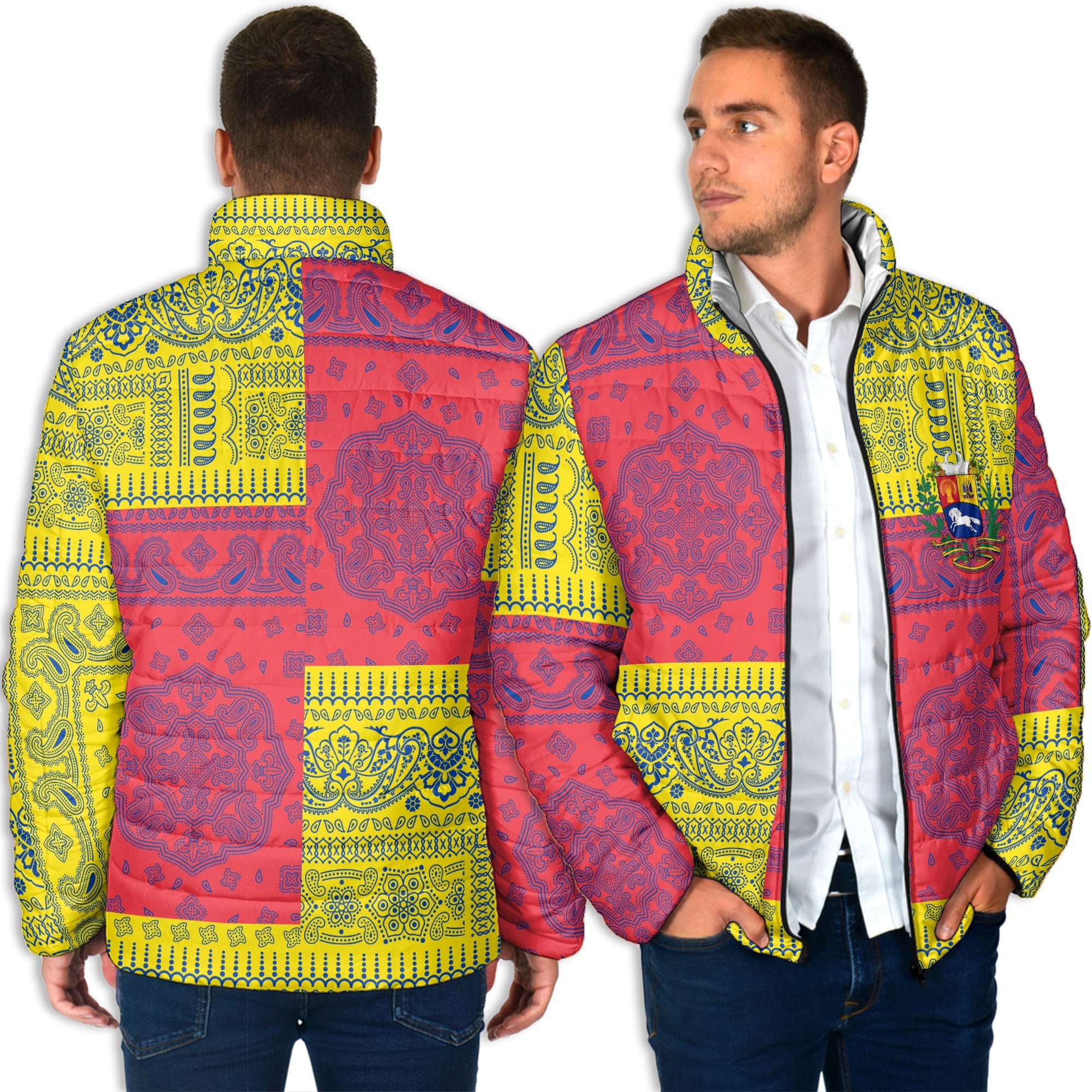 Venezuela Men Padded Jacket Flag And Paisley Basic Style 4