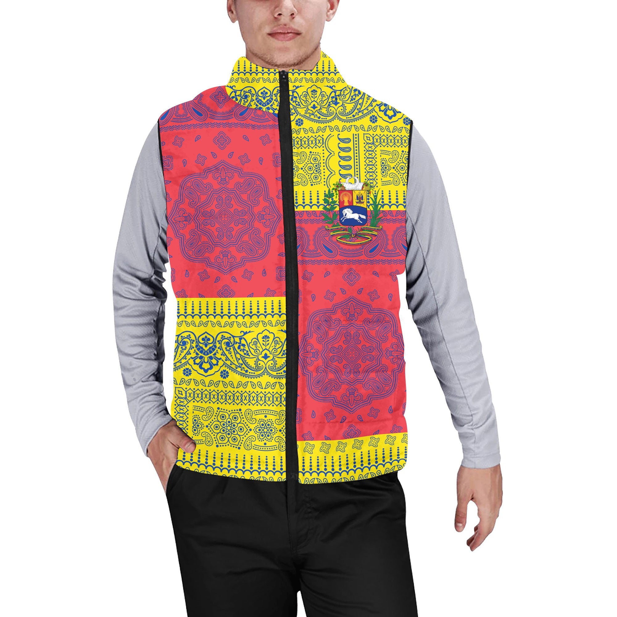 Venezuela Men Padded Jacket Vest Flag And Paisley Basic Style 1