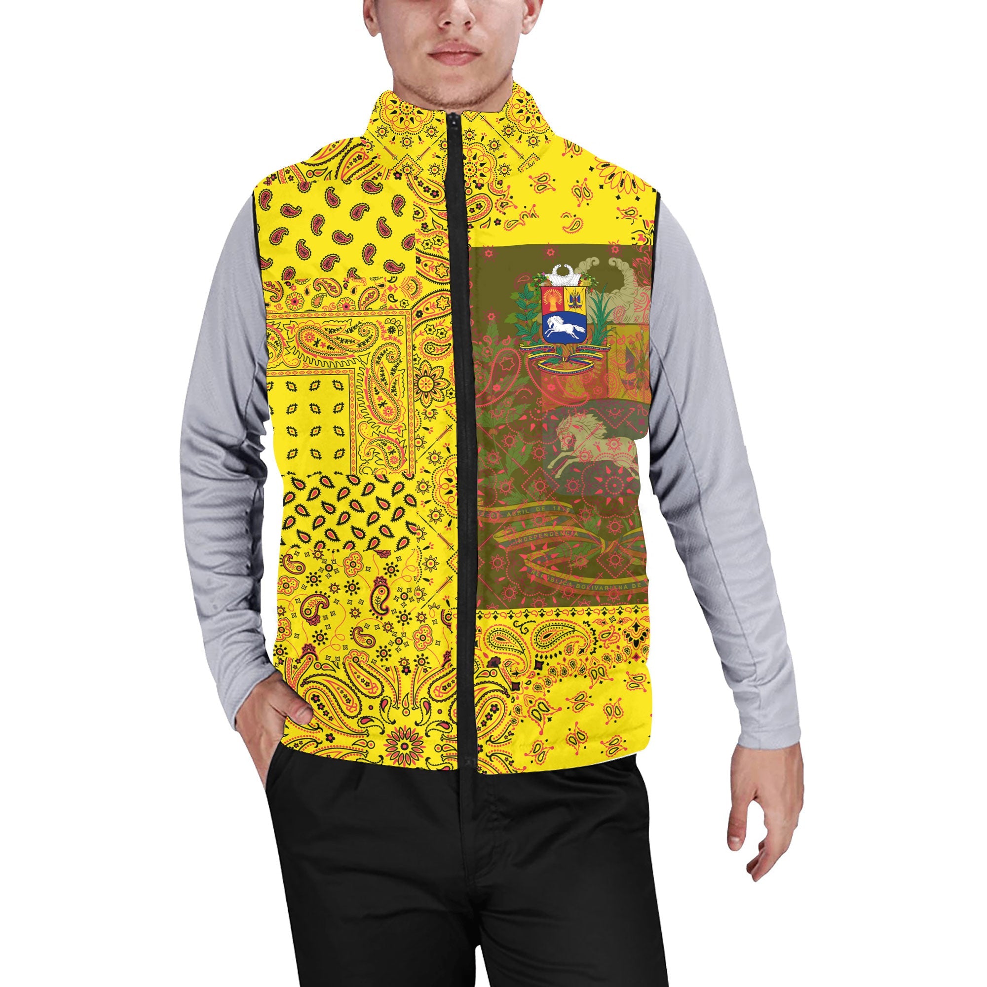 Venezuela Men Padded Jacket Vest Paisley Flag And Skull Style 1