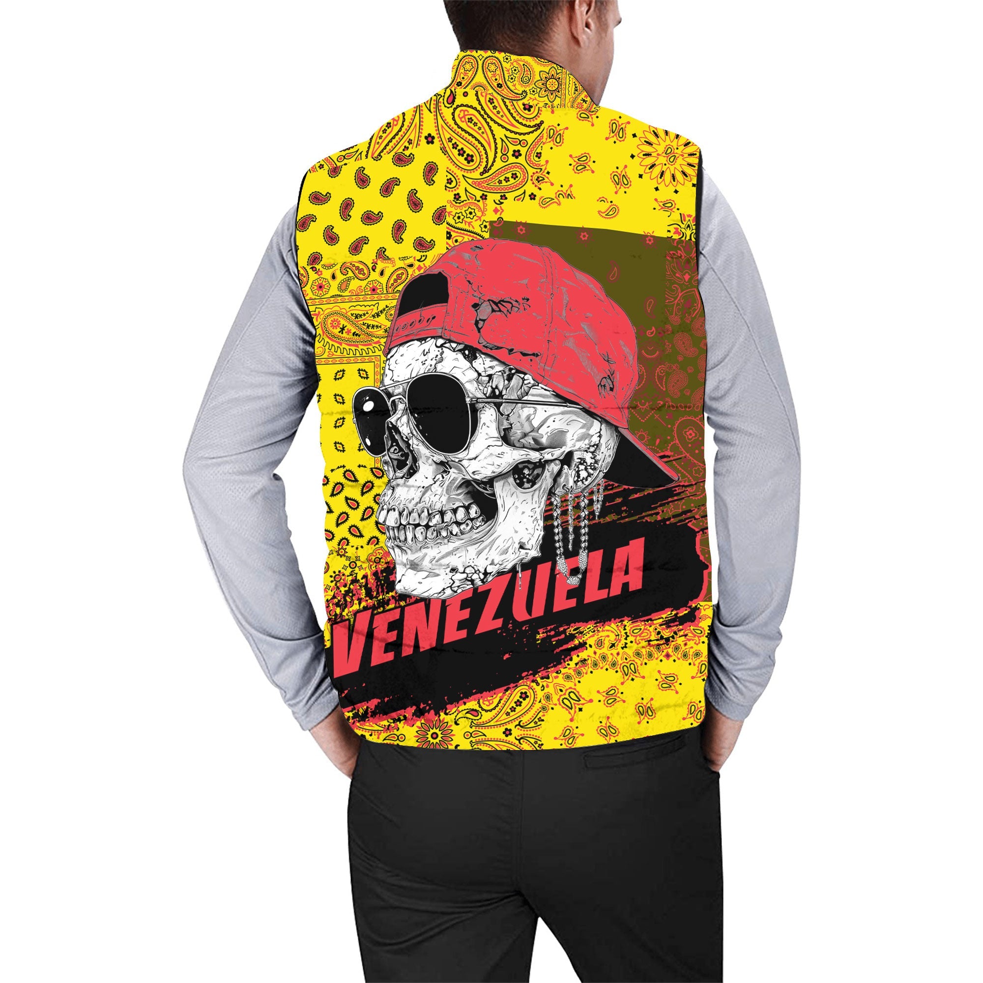 Venezuela Men Padded Jacket Vest Paisley Flag And Skull Style 2