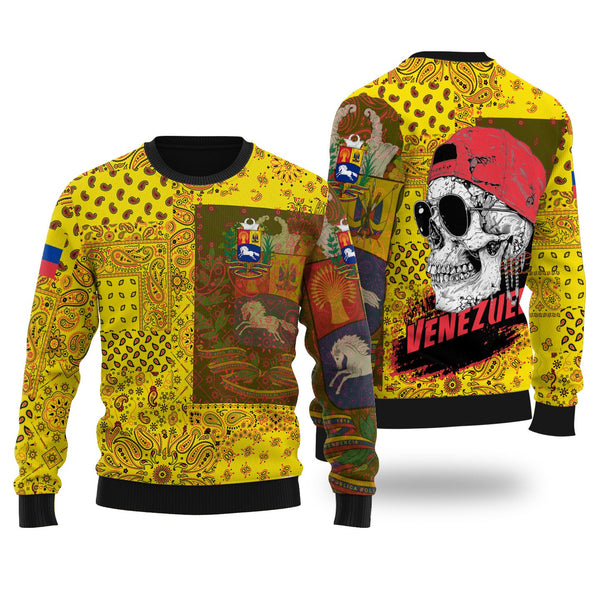 Venezuela Ugly Sweater Paisley Flag And Skull Style 1