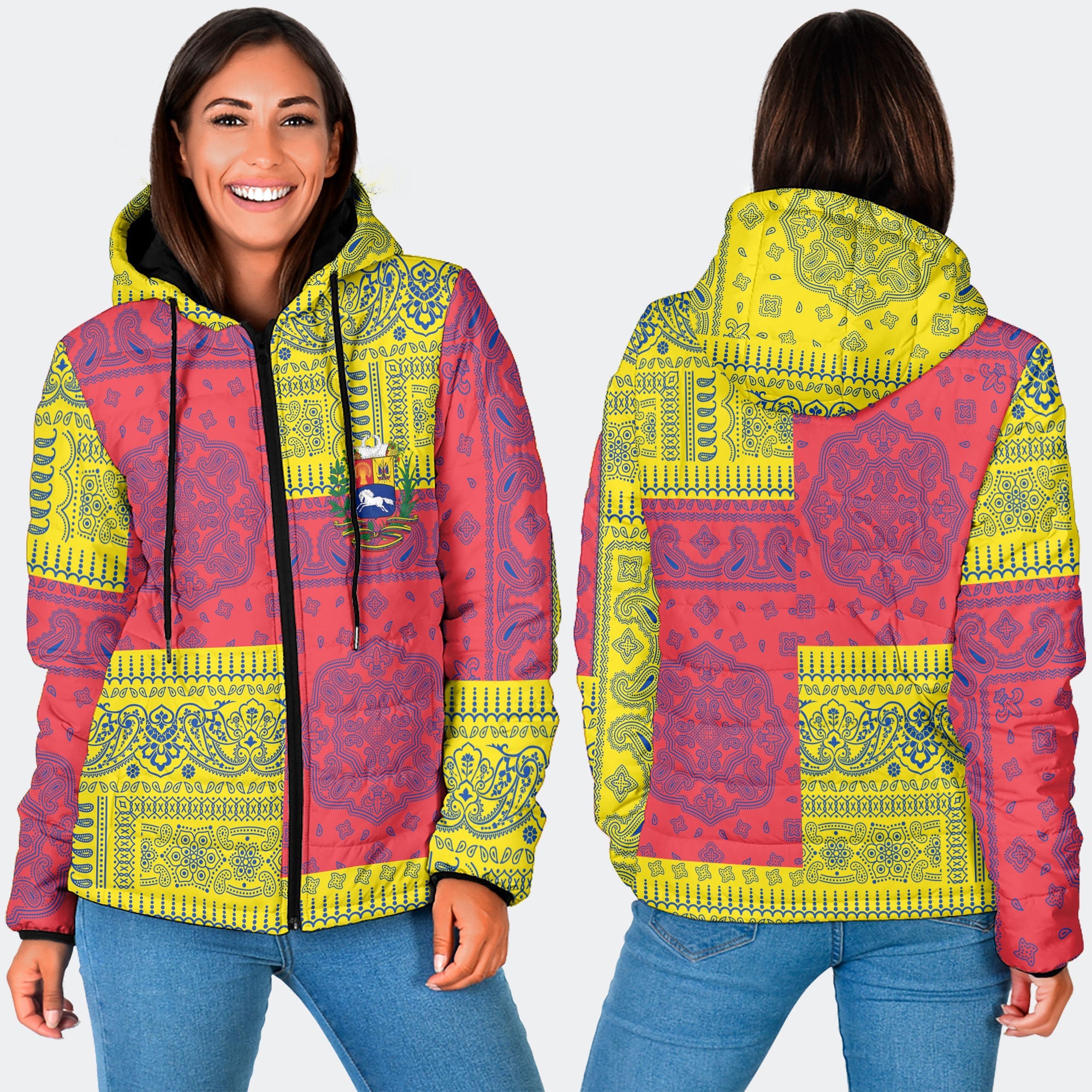 Venezuela Women Hooded Padded Jacket Flag And Paisley Basic Style 3